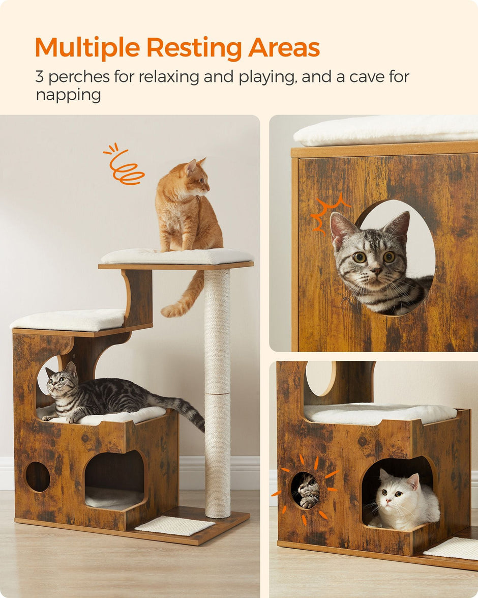 Cat Tree – MDF with Wood Veneer – Vintage Rustic Brown and White – Medium Tower with 3 Beds and Cave