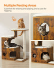 Cat Tree – MDF with Wood Veneer – Vintage Rustic Brown and White – Medium Tower with 3 Beds and Cave