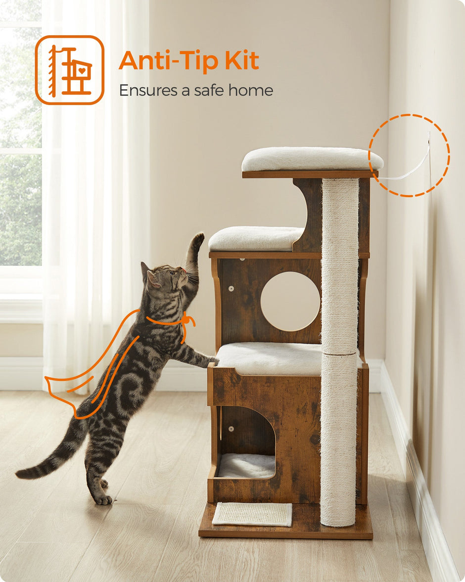 Cat Tree – MDF with Wood Veneer – Vintage Rustic Brown and White – Medium Tower with 3 Beds and Cave