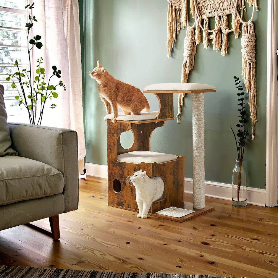 Cat Tree Tower – MDF with Wood Veneer – Rustic Brown – Features 3 Perches, Cat Cave, Scratching Post, and Removable Washable Cushions