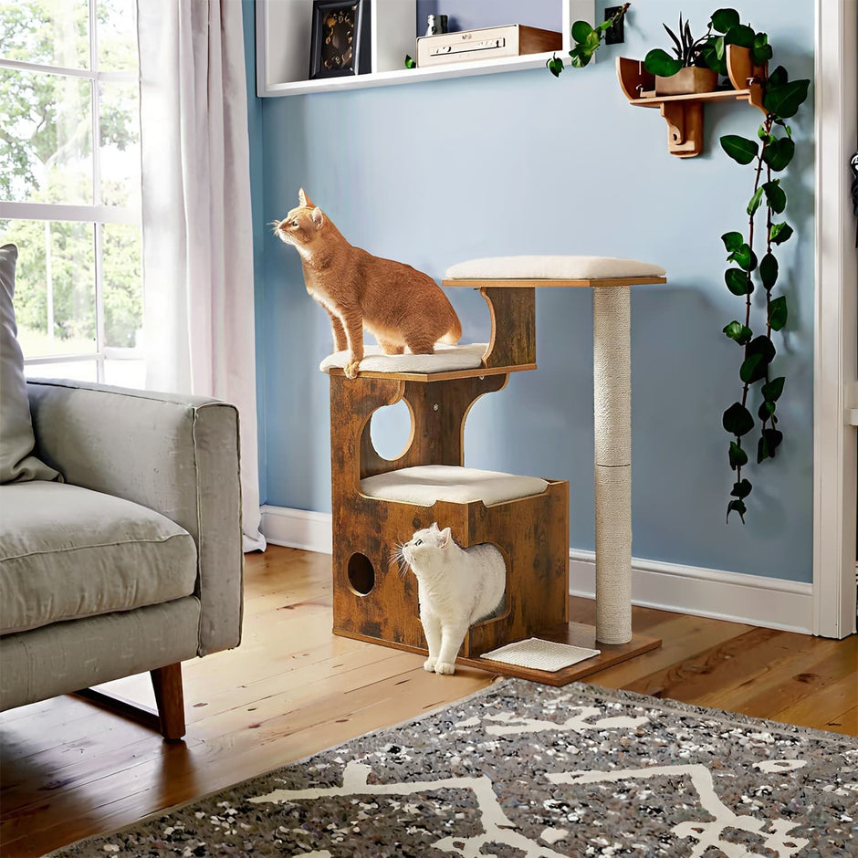 Cat Tree Tower – MDF with Wood Veneer – Rustic Brown – Features 3 Perches, Cat Cave, Scratching Post, and Removable Washable Cushions