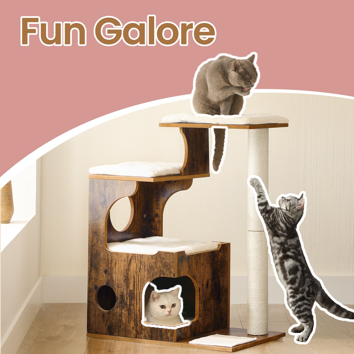Cat Tree Tower – MDF with Wood Veneer – Rustic Brown – Features 3 Perches, Cat Cave, Scratching Post, and Removable Washable Cushions