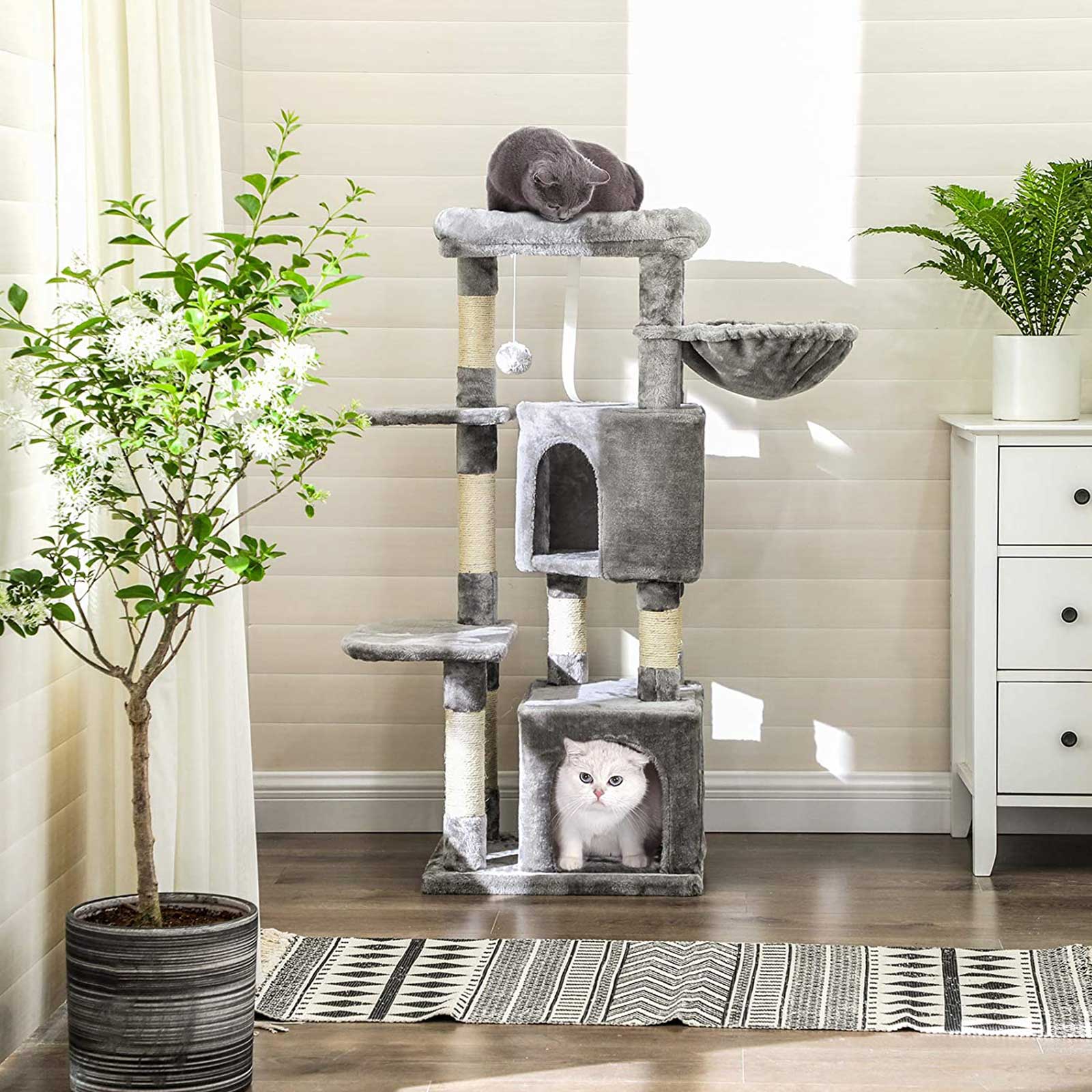 Cat Activity Centre – Particle Board and Plush – Light Grey – With Hammock and Multiple Levels
