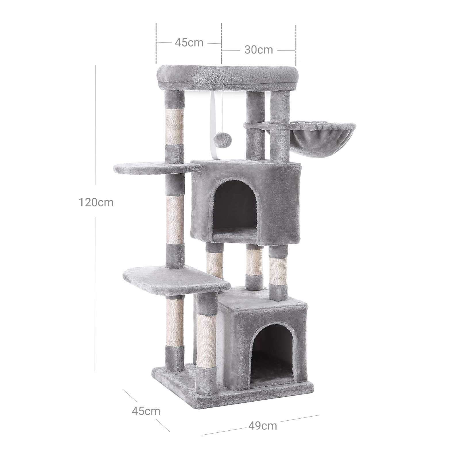 Cat Activity Centre – Particle Board and Plush – Light Grey – With Hammock and Multiple Levels
