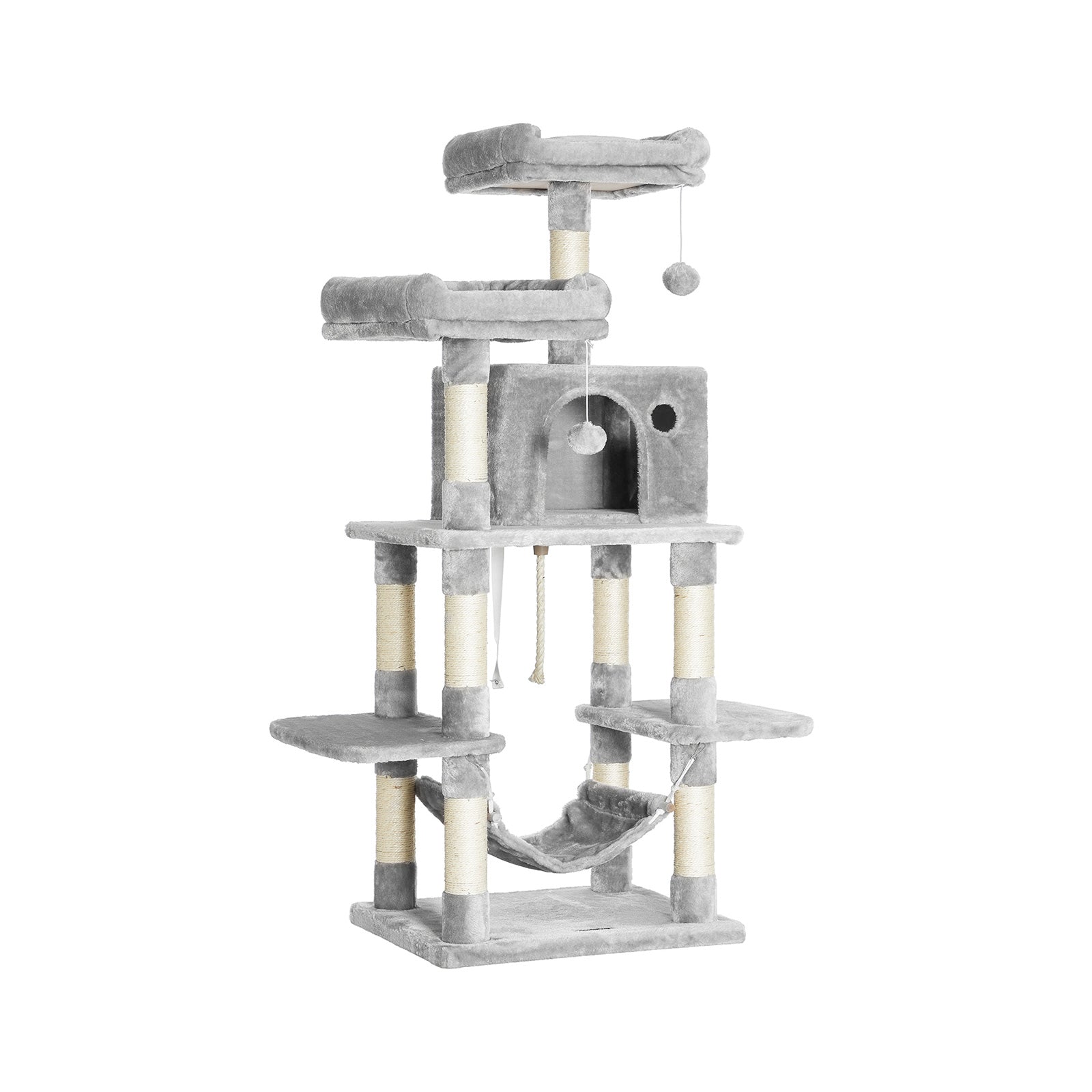Large Cat Tower – Engineered Wood – Light Grey – Includes Scratching Post and Pompoms