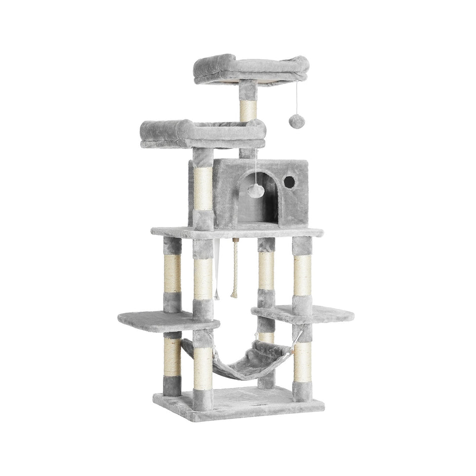 Large Cat Tower – Engineered Wood – Light Grey – Includes Scratching Post and Pompoms