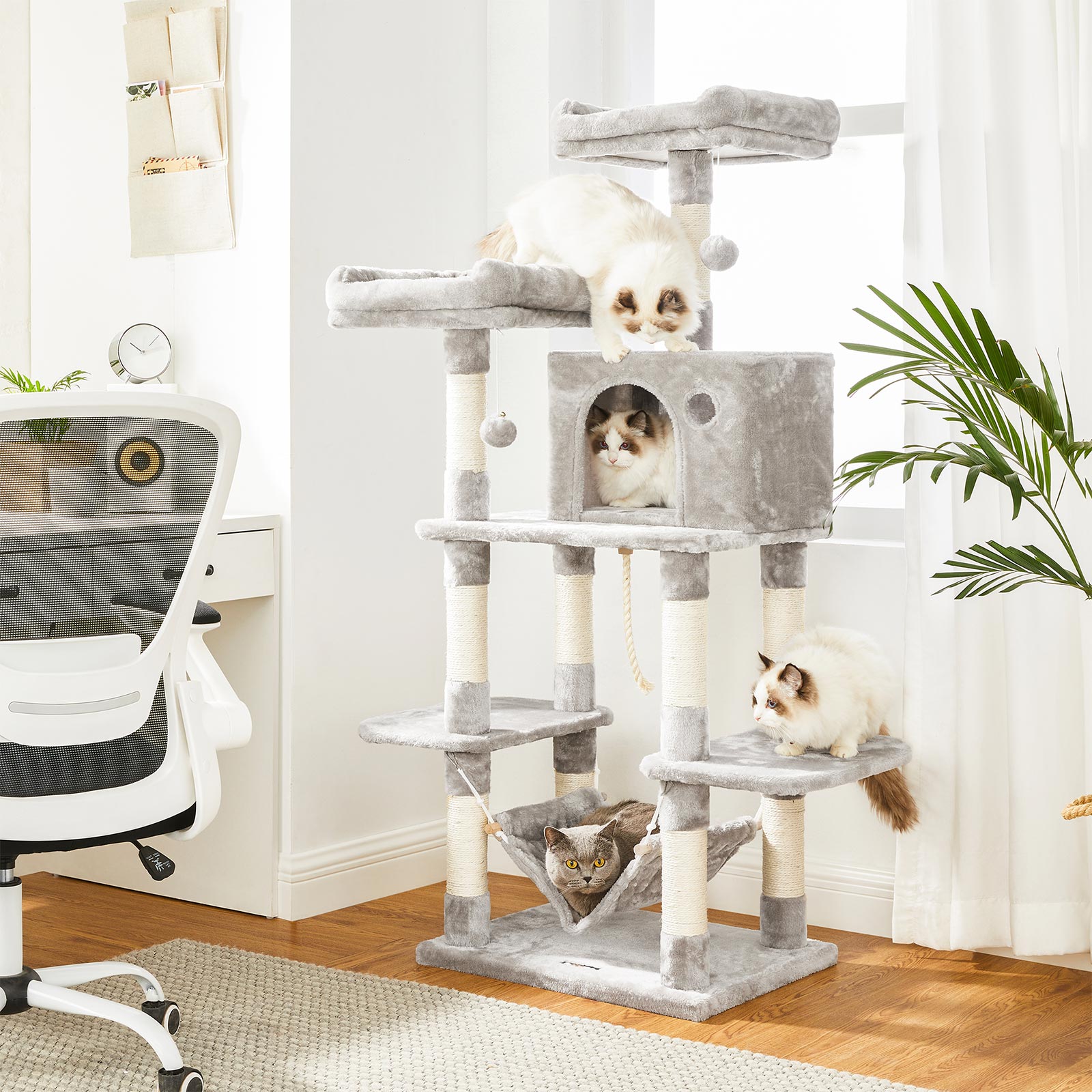 Large Cat Tower – Engineered Wood – Light Grey – Includes Scratching Post and Pompoms