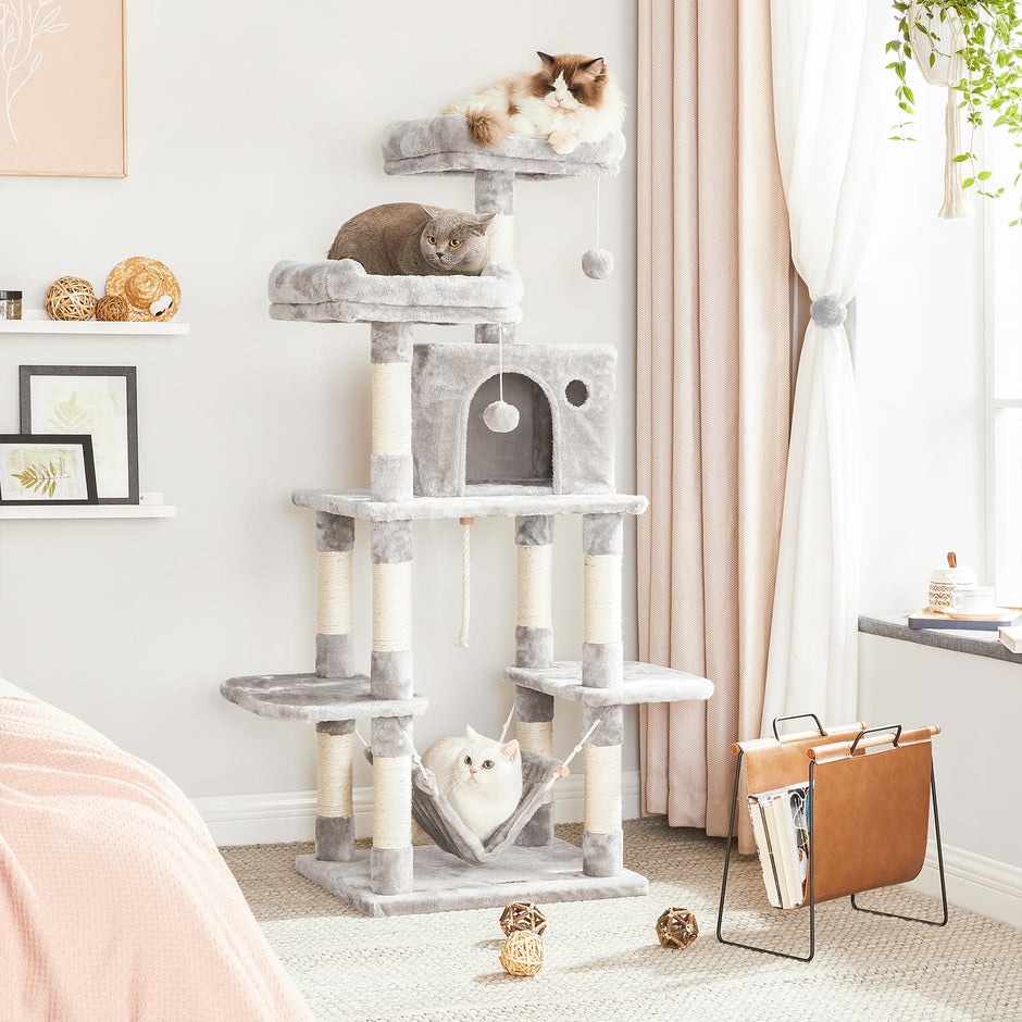 Large Cat Tower – Engineered Wood – Light Grey – Includes Scratching Post and Pompoms