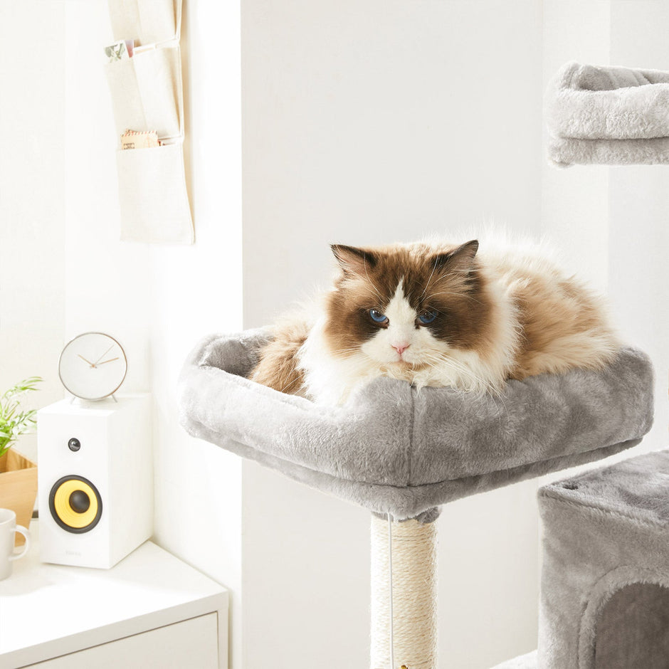 Large Cat Tower – Engineered Wood – Light Grey – Includes Scratching Post and Pompoms