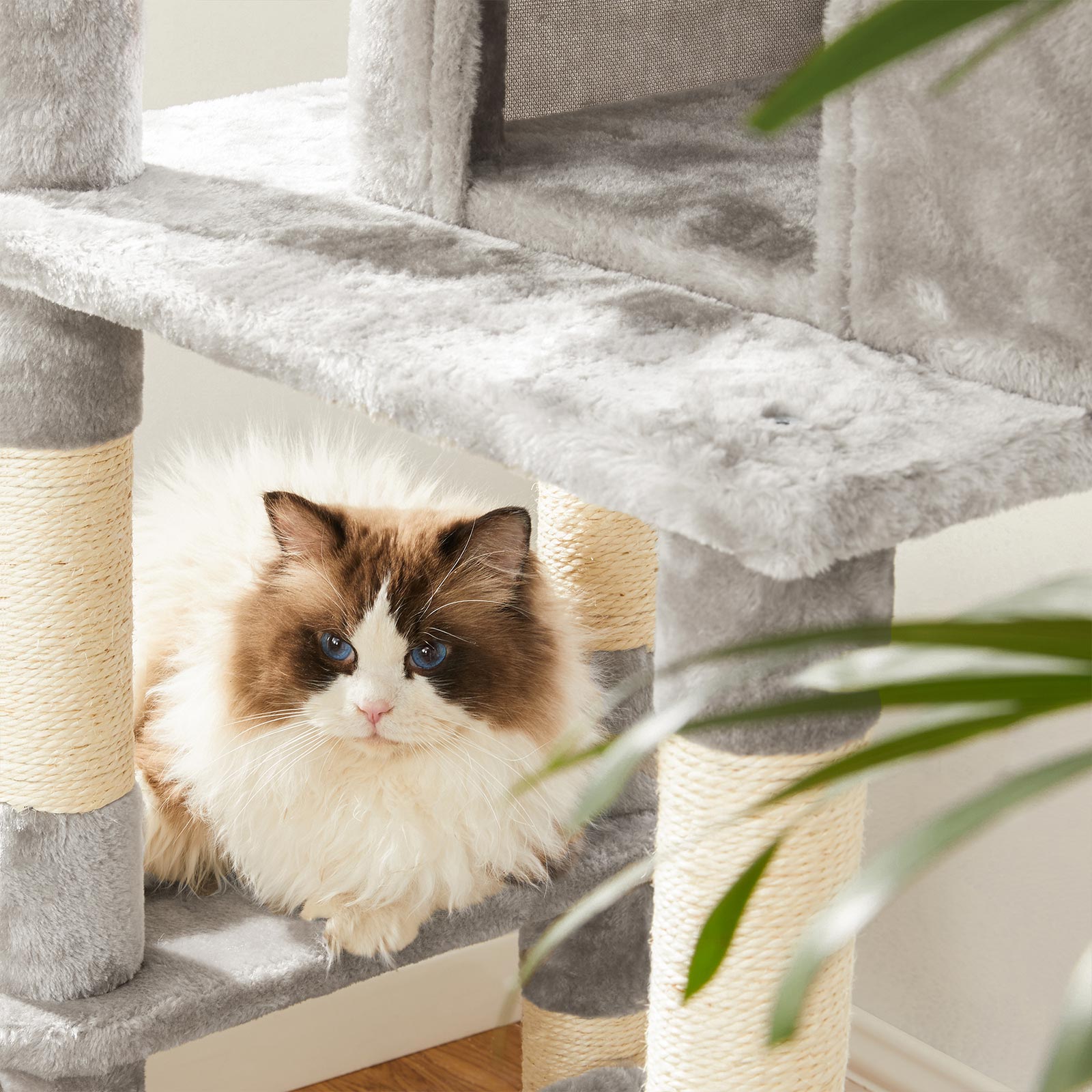 Large Cat Tower – Engineered Wood – Light Grey – Includes Scratching Post and Pompoms