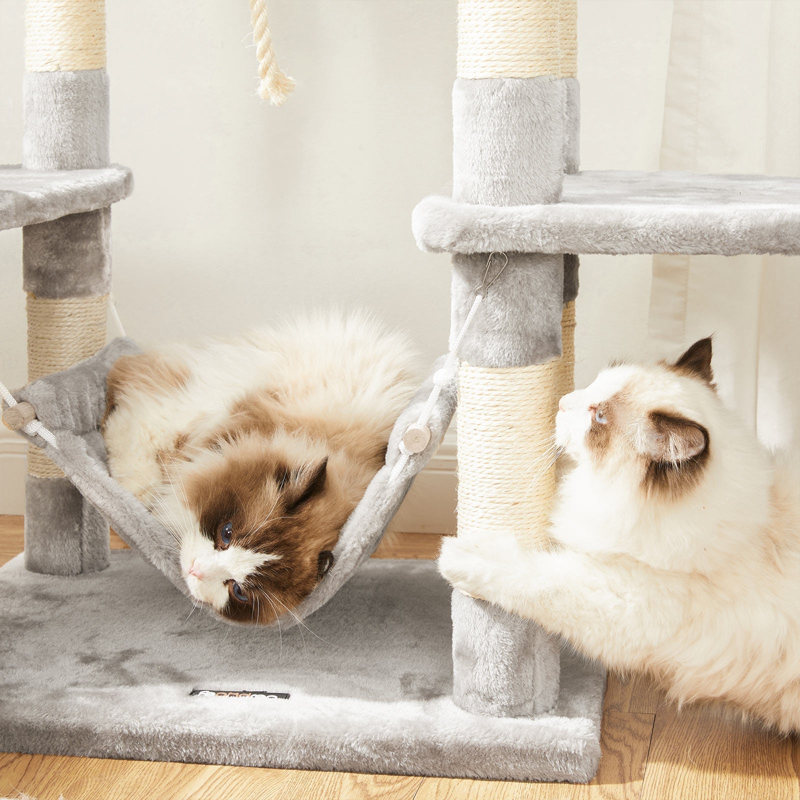 Large Cat Tower – Engineered Wood – Light Grey – Includes Scratching Post and Pompoms