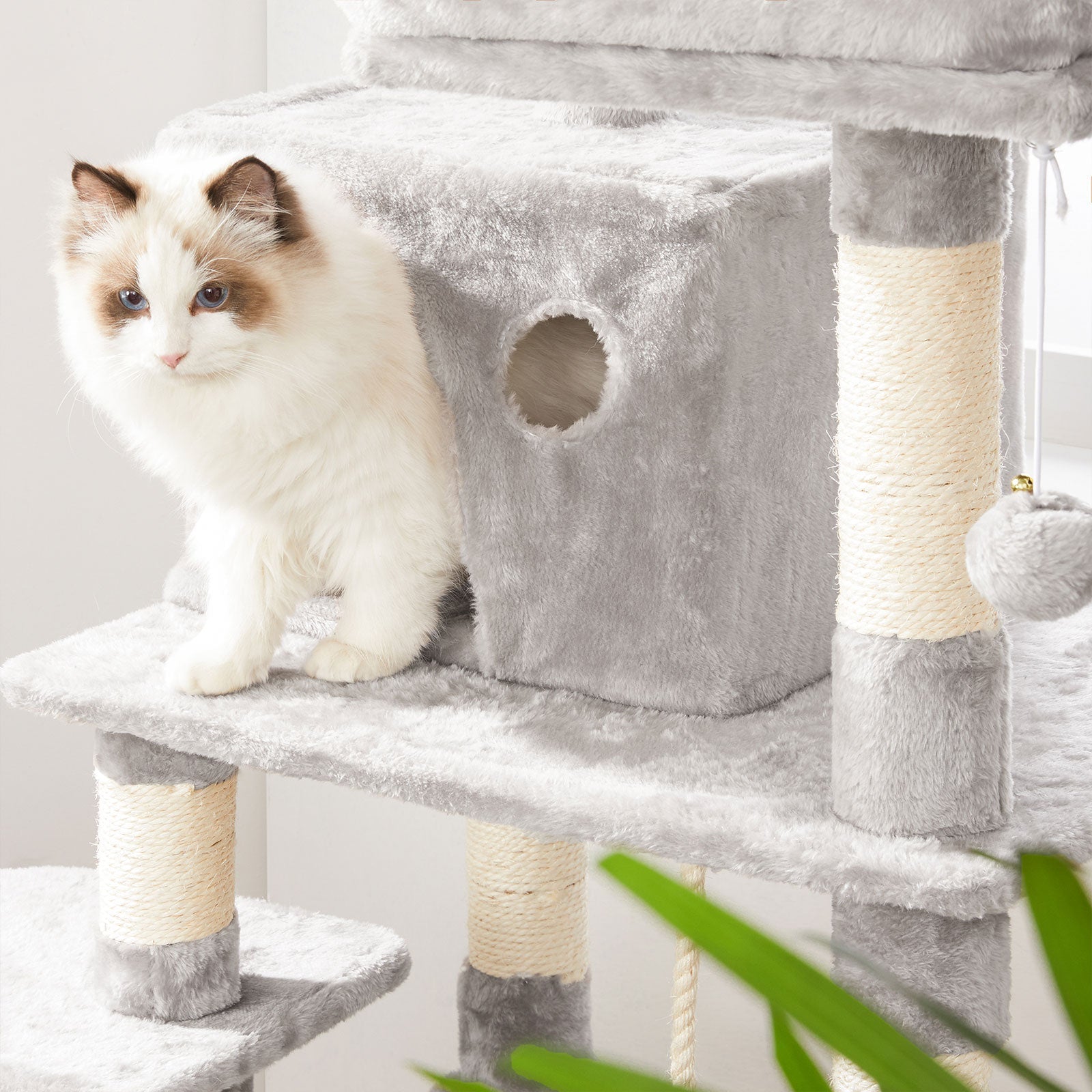 Large Cat Tower – Engineered Wood – Light Grey – Includes Scratching Post and Pompoms