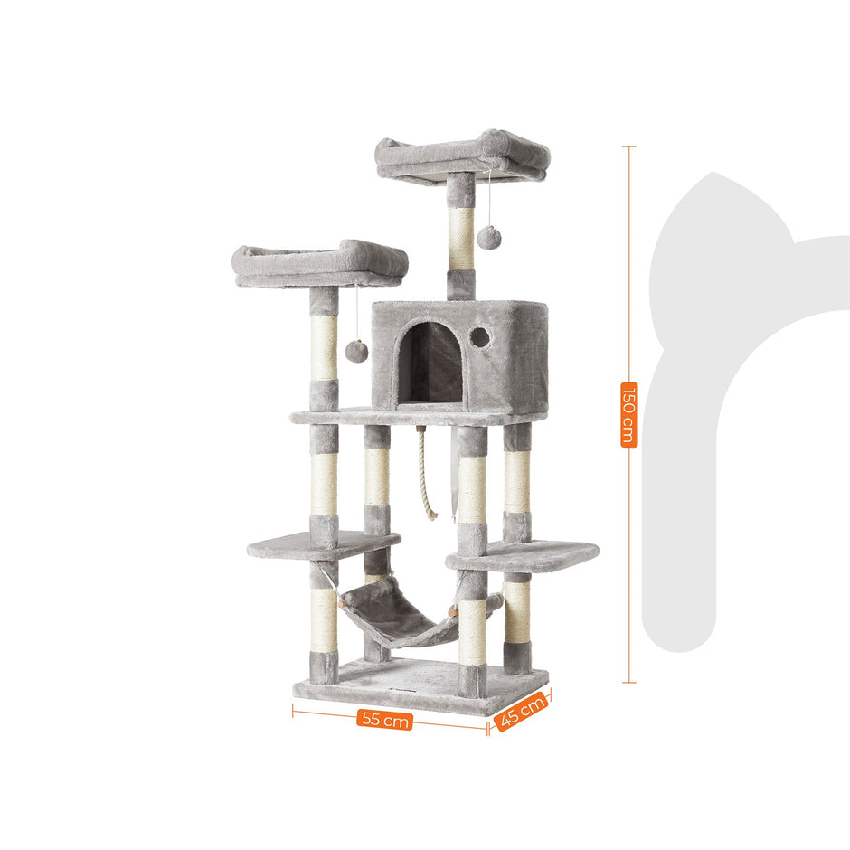 Large Cat Tower – Engineered Wood – Light Grey – Includes Scratching Post and Pompoms