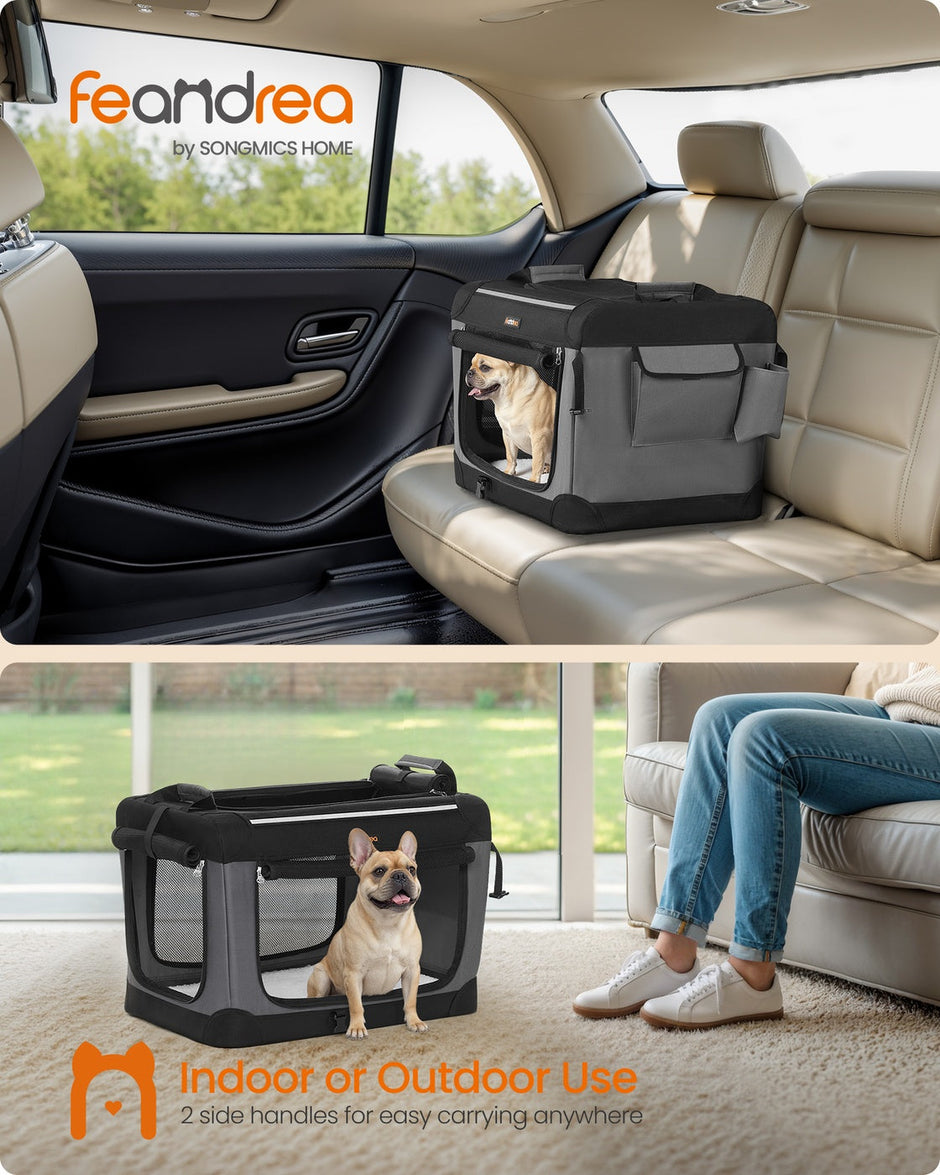 Foldable Dog Crate – Oxford Fabric – Ink Black – Portable and Collapsible with Mesh Doors and Storage Pocket