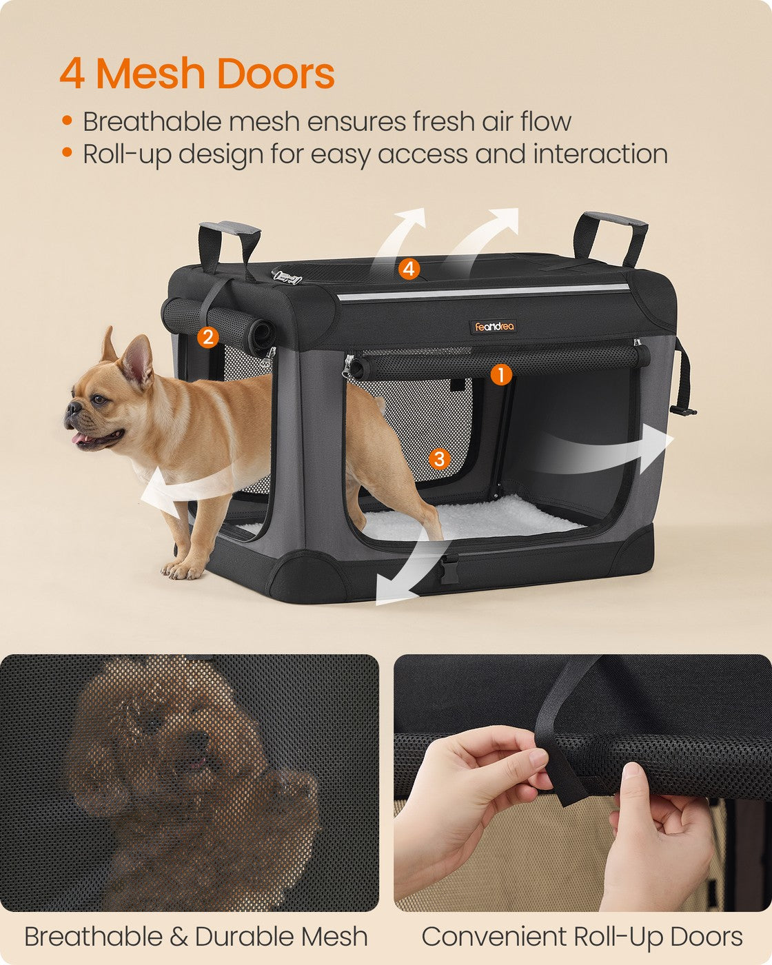 Foldable Dog Crate – Oxford Fabric – Ink Black – Portable and Collapsible with Mesh Doors and Storage Pocket