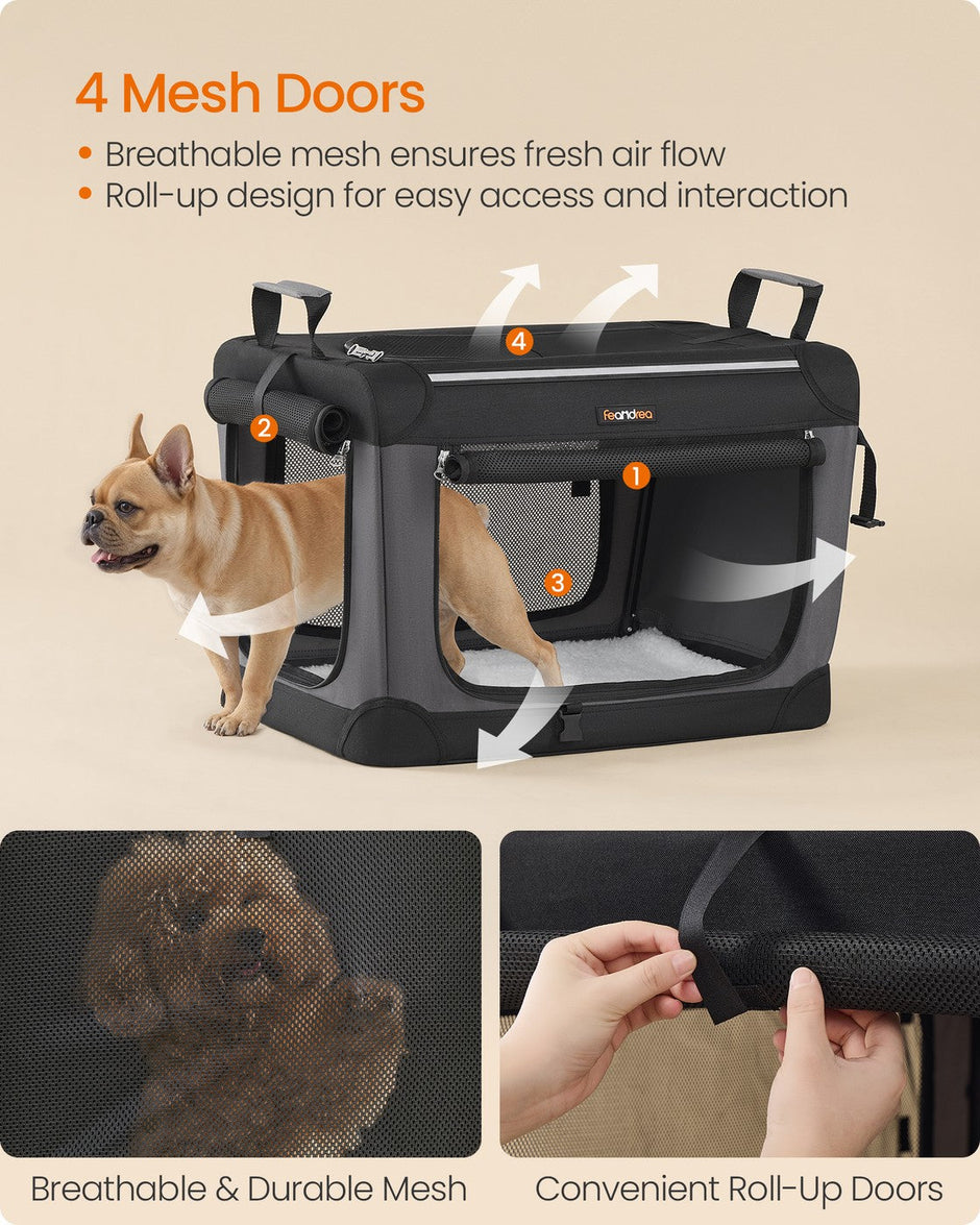 Foldable Dog Crate – Oxford Fabric – Ink Black – Portable and Collapsible with Mesh Doors and Storage Pocket