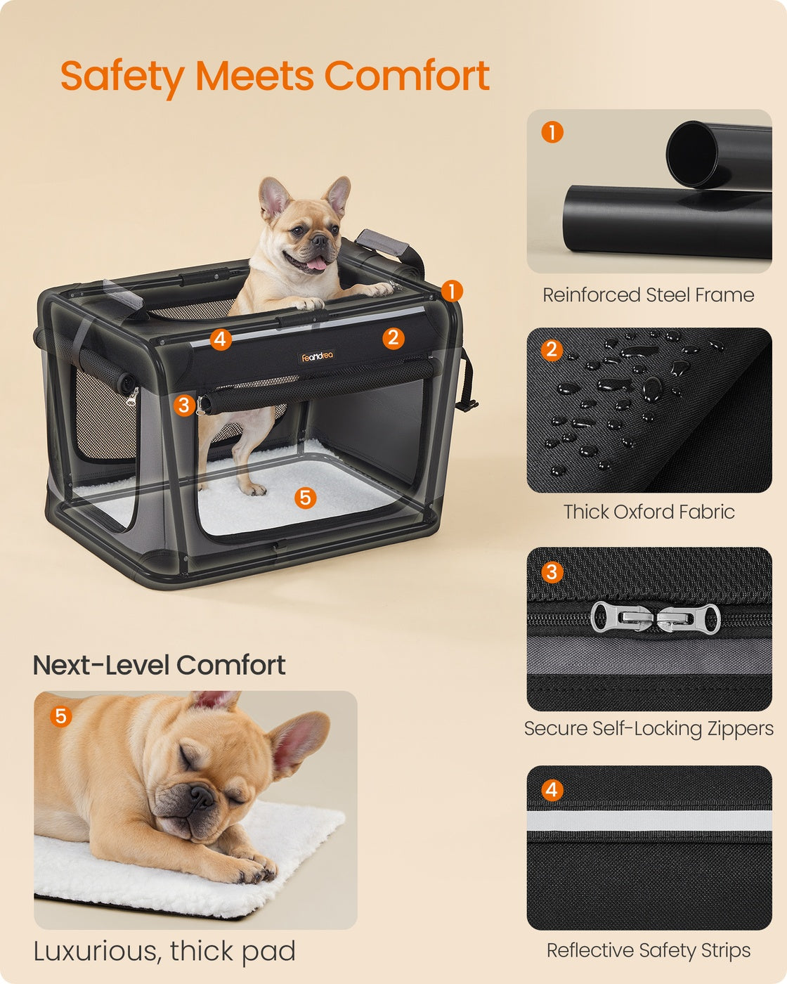 Foldable Dog Crate – Oxford Fabric – Ink Black – Portable and Collapsible with Mesh Doors and Storage Pocket