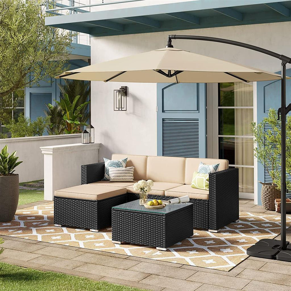 Patio Furniture Set – PE Rattan – Black and Beige – Handwoven with Cushions and Glass Table