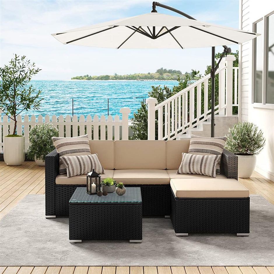 Patio Furniture Set – PE Rattan – Black and Beige – Handwoven with Cushions and Glass Table