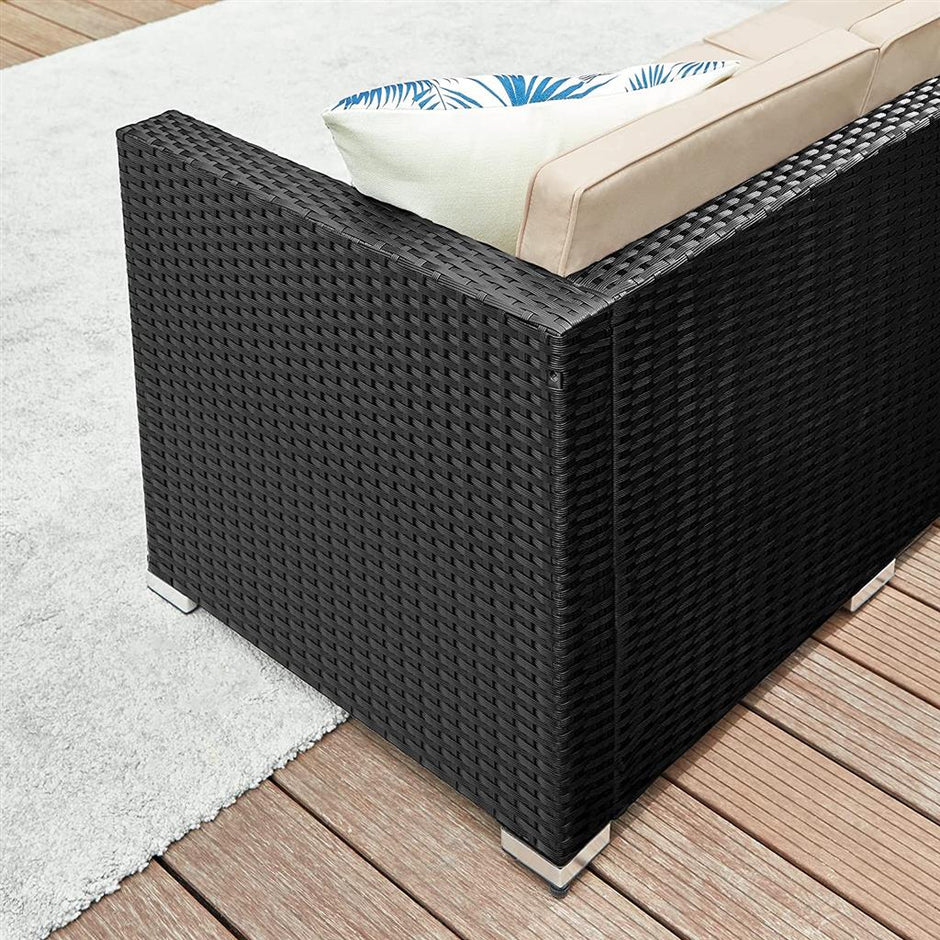 Patio Furniture Set – PE Rattan – Black and Beige – Handwoven with Cushions and Glass Table