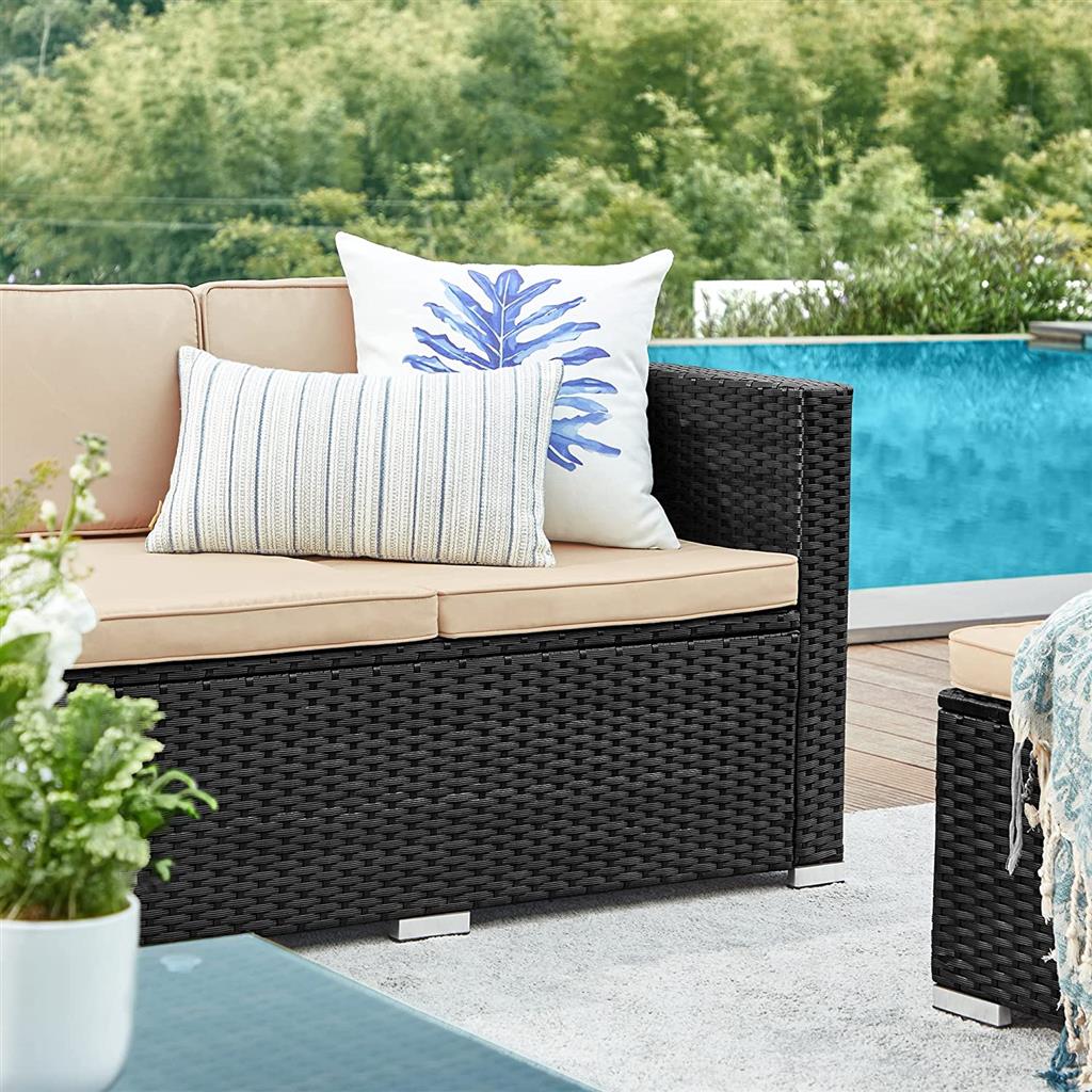 Patio Furniture Set – PE Rattan – Black and Beige – Handwoven with Cushions and Glass Table