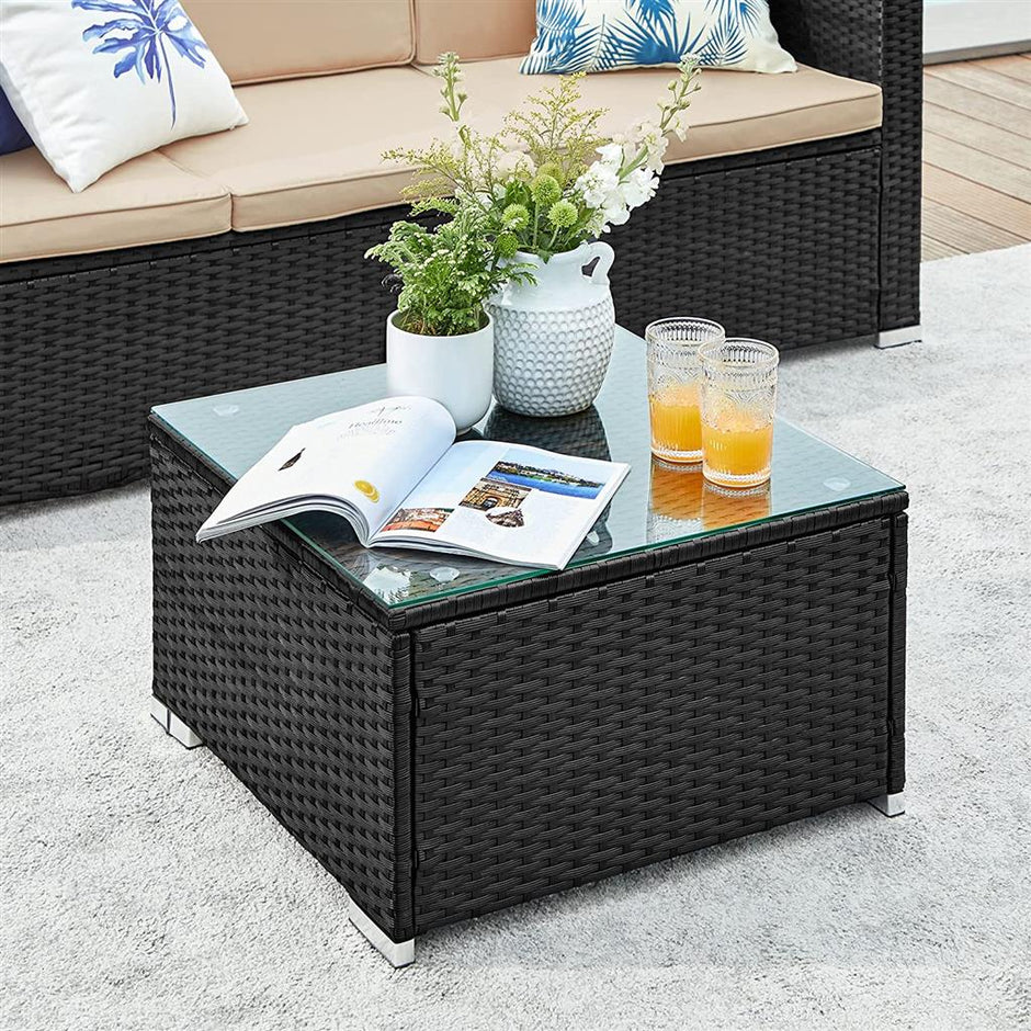 Patio Furniture Set – PE Rattan – Black and Beige – Handwoven with Cushions and Glass Table