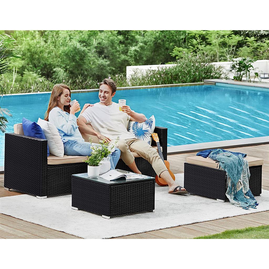 Patio Furniture Set – PE Rattan – Black and Beige – Handwoven with Cushions and Glass Table