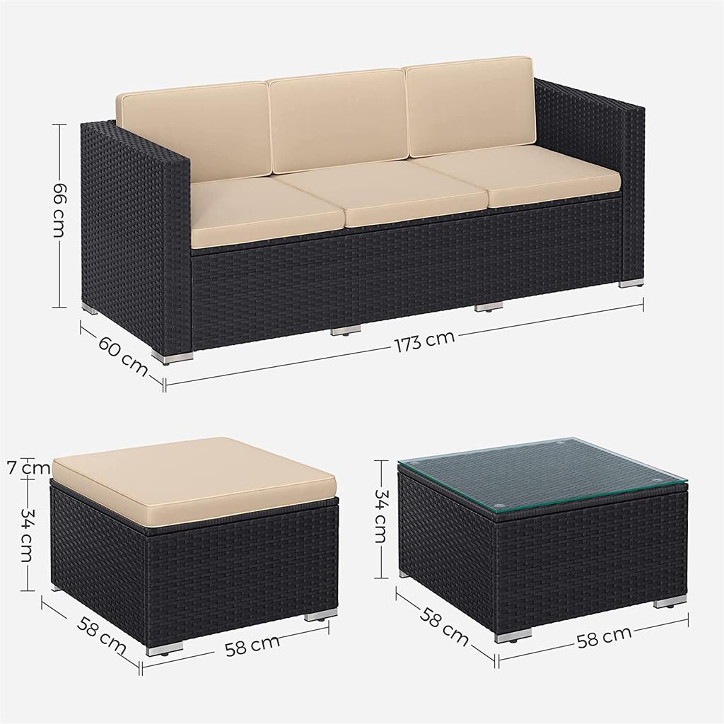 Patio Furniture Set – PE Rattan – Black and Beige – Handwoven with Cushions and Glass Table