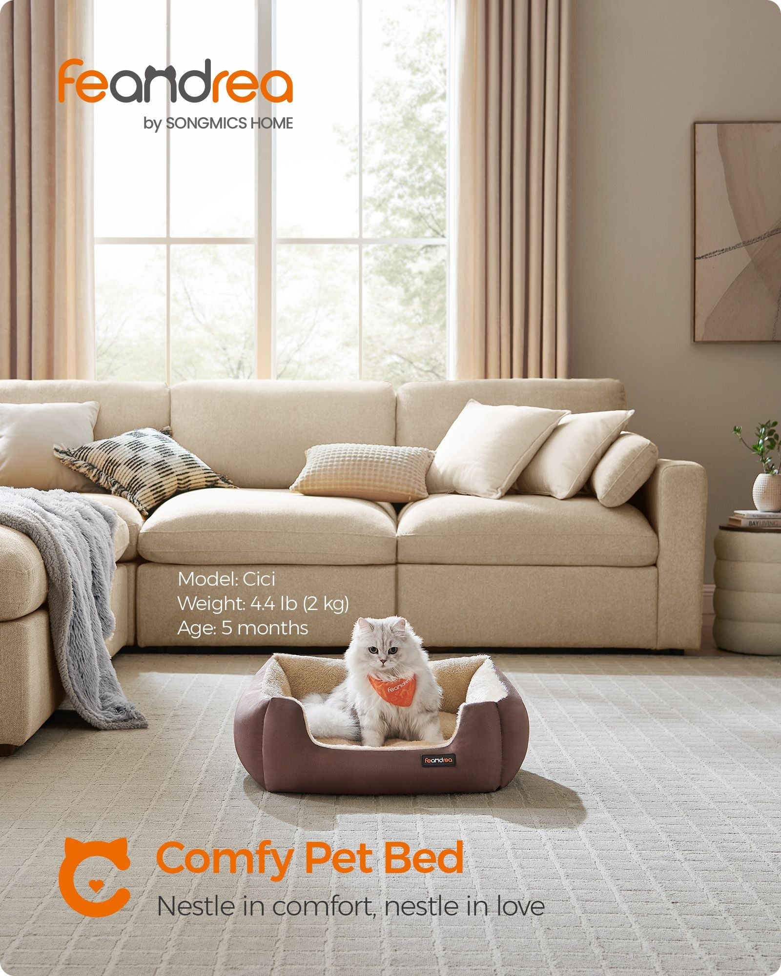 Dog Bed – Soft Fabric – Coffee Brown – Large Washable with Removable Reversible Cushion