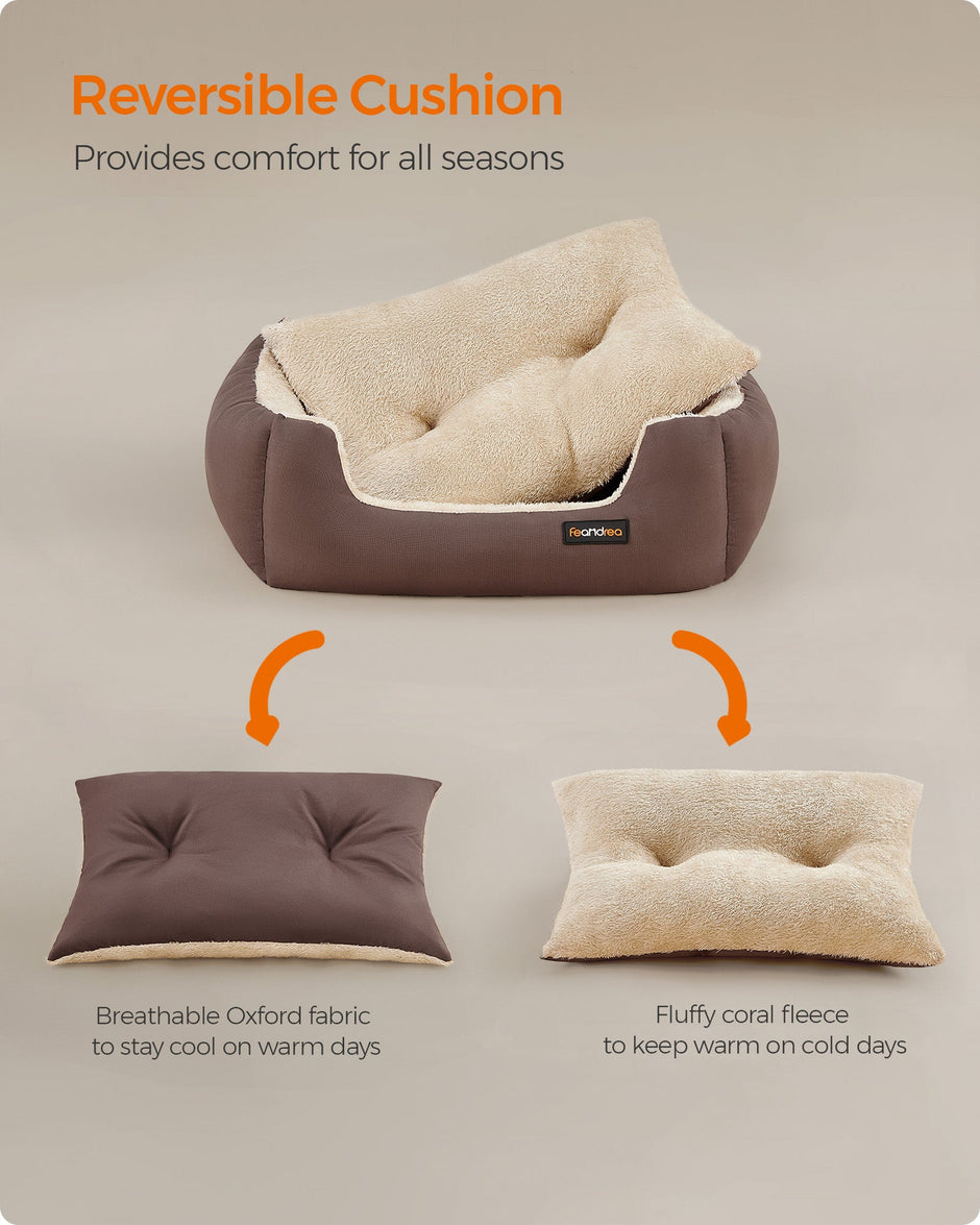 Dog Bed – Soft Fabric – Coffee Brown – Large Washable with Removable Reversible Cushion
