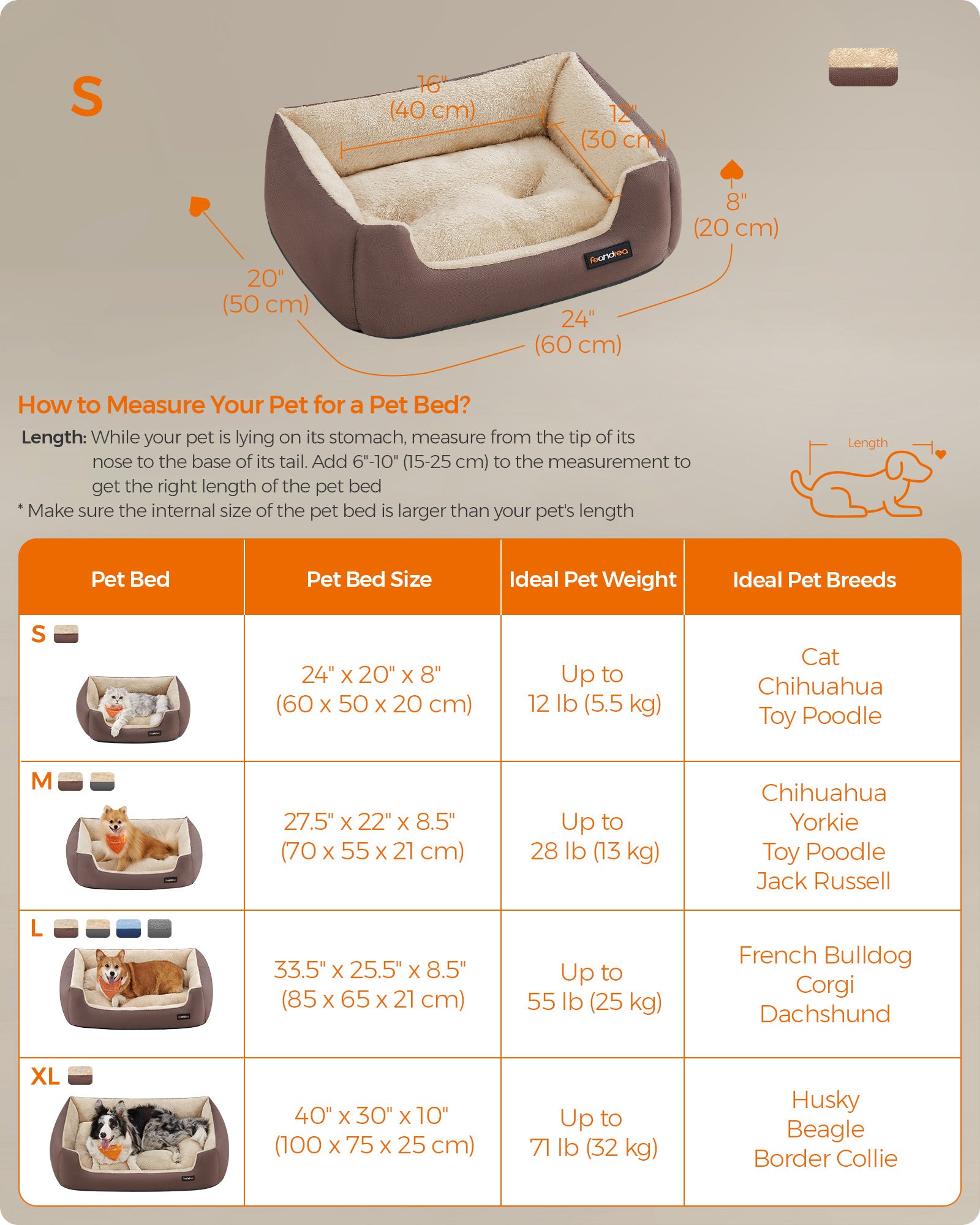 Dog Bed – Soft Fabric – Coffee Brown – Large Washable with Removable Reversible Cushion