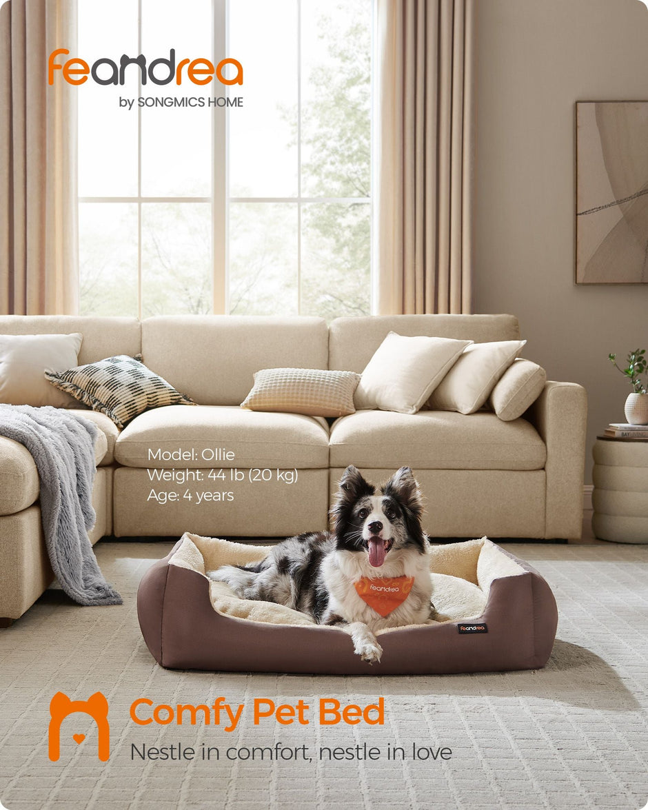 Large Dog Bed – Soft Fabric – Coffee Brown – Washable with Removable Reversible Cushion