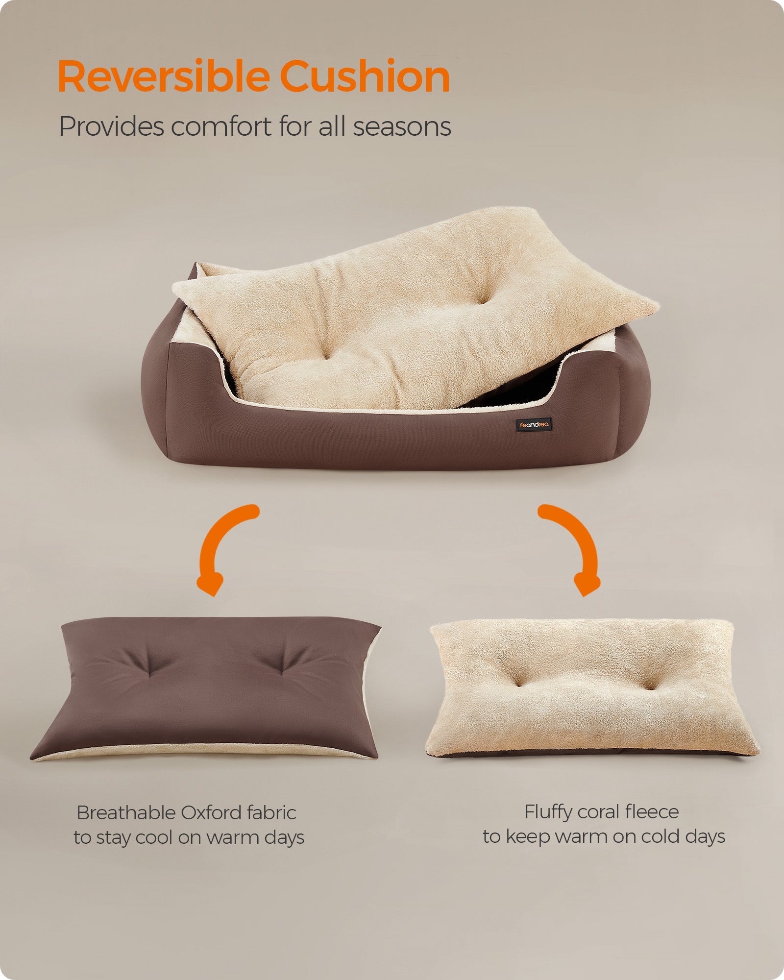 Large Dog Bed – Soft Fabric – Coffee Brown – Washable with Removable Reversible Cushion