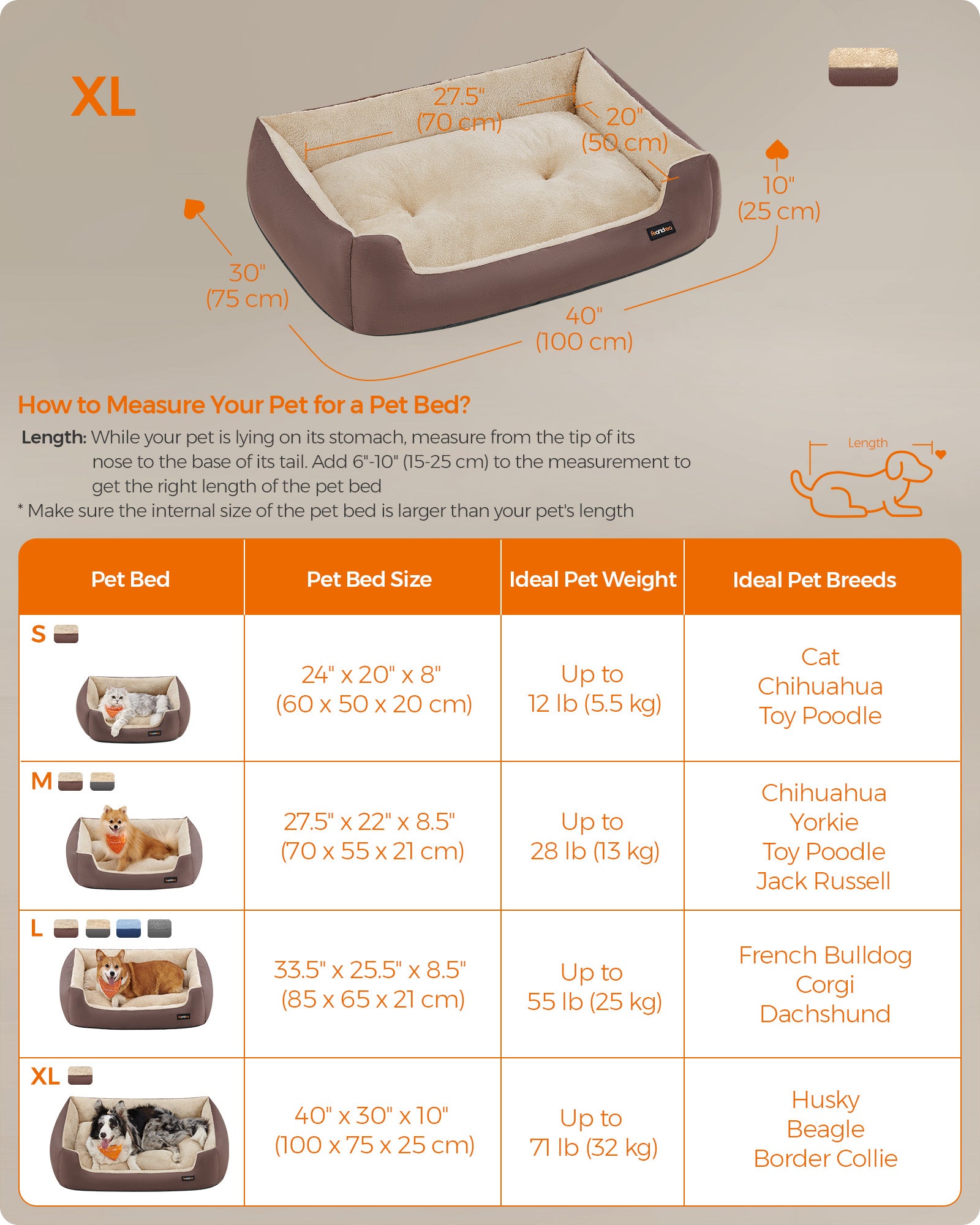 Large Dog Bed – Soft Fabric – Coffee Brown – Washable with Removable Reversible Cushion