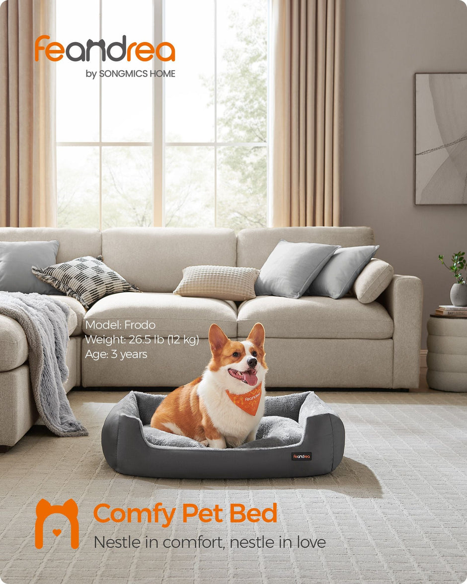 Dog Sofa Bed – Soft Fabric – Slate Grey and Dove Grey – Washable with Removable Reversible Cushion