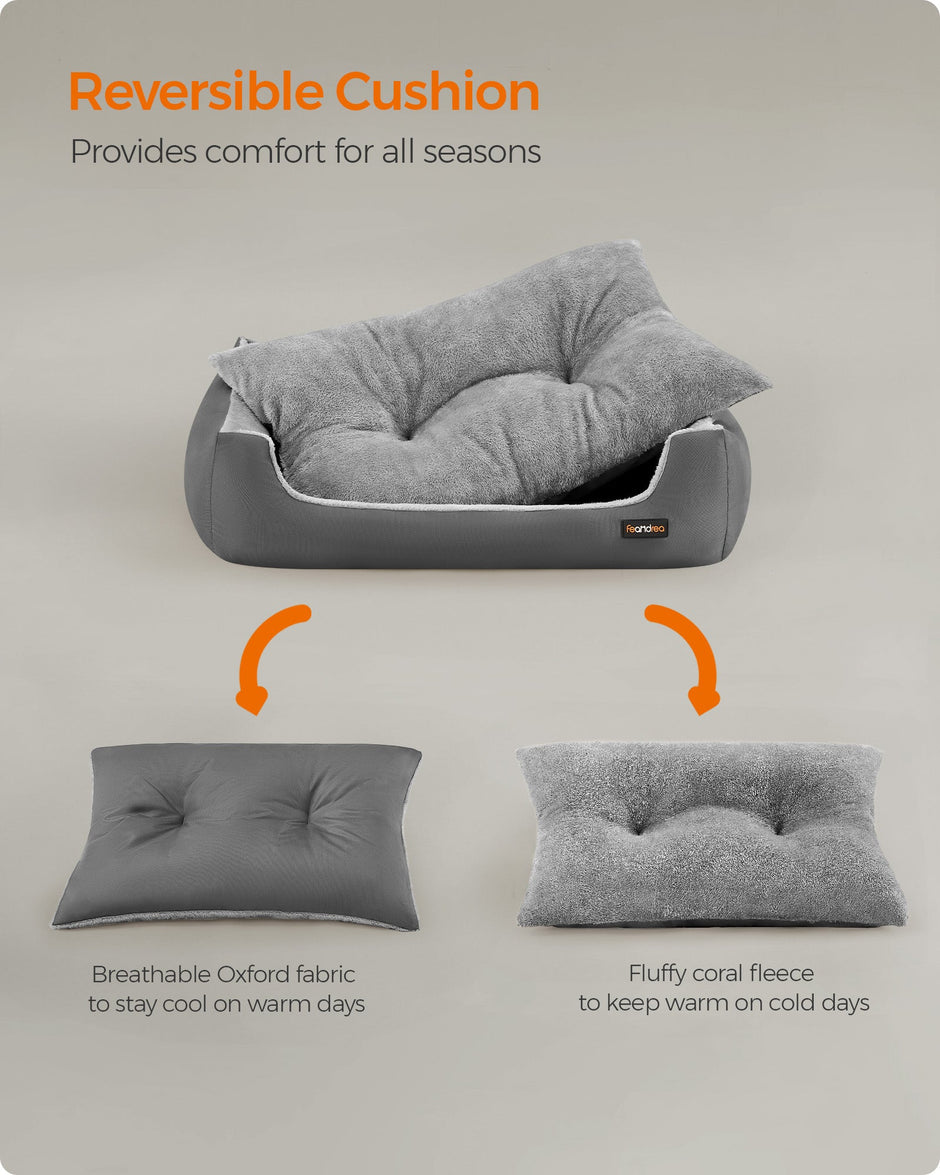 Dog Sofa Bed – Soft Fabric – Slate Grey and Dove Grey – Washable with Removable Reversible Cushion