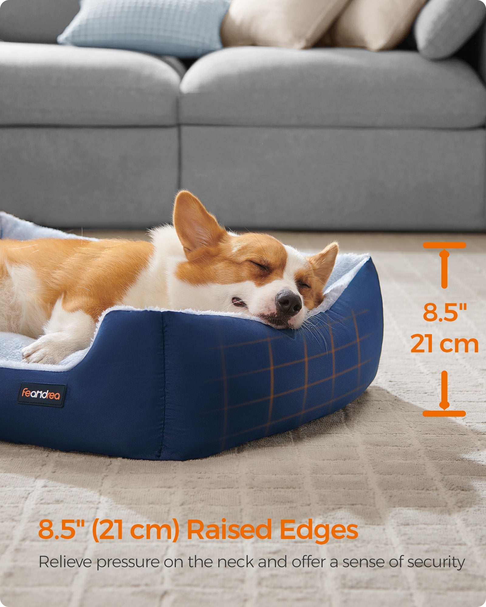 Dog Sofa Bed – Fabric – Charcoal Blue and Pale Blue – Removable Reversible Cushion