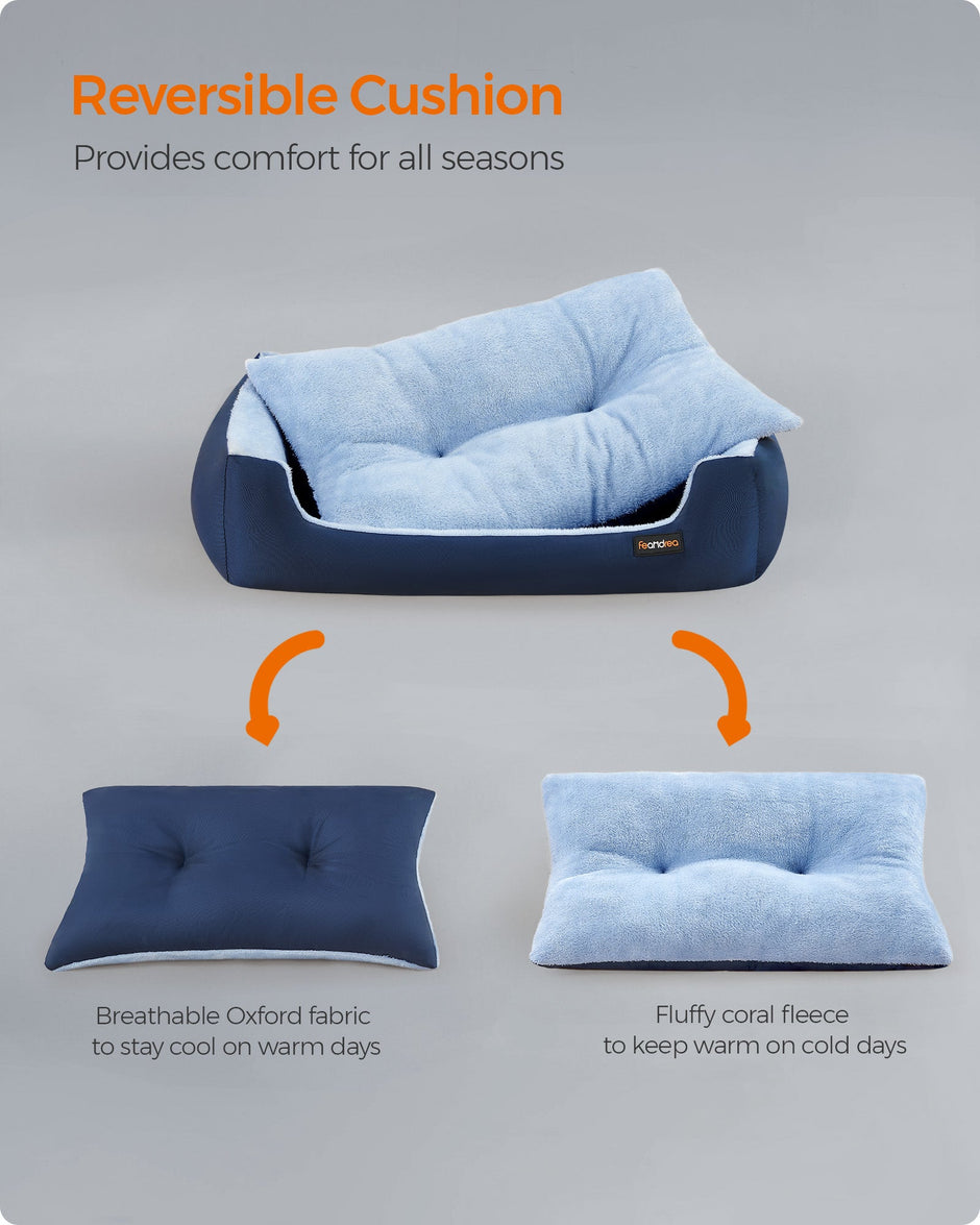Dog Sofa Bed – Fabric – Charcoal Blue and Pale Blue – Removable Reversible Cushion