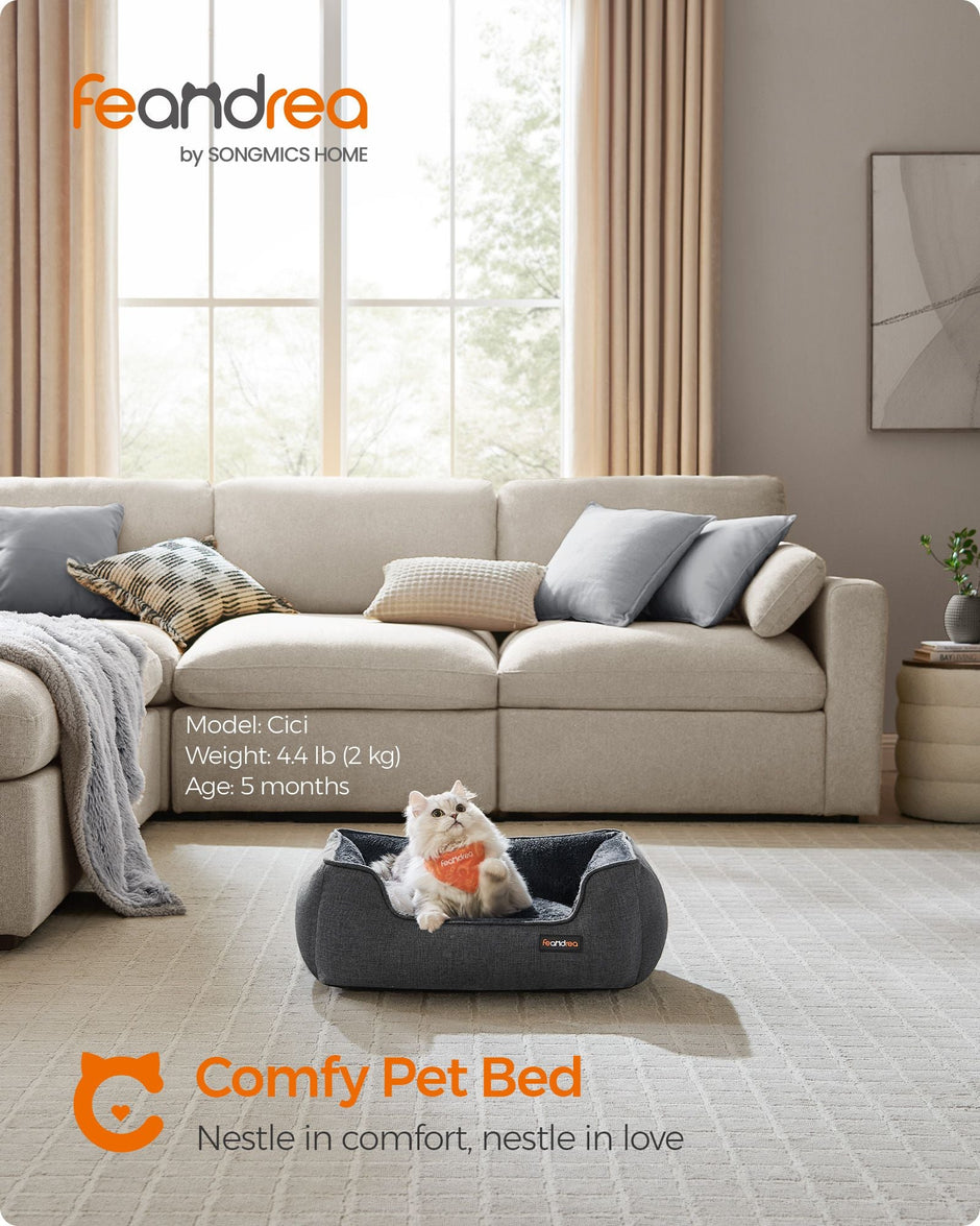 Dog Bed – Linen-Look Fabric – Dark Grey – Washable with Raised Edges and Non-Slip Bottom