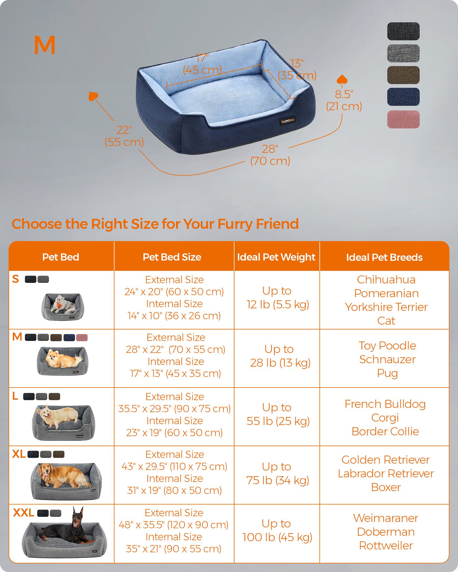 Dog Sofa Bed – Soft Fabric – Pale Blue – Washable with Removable Reversible Cushion