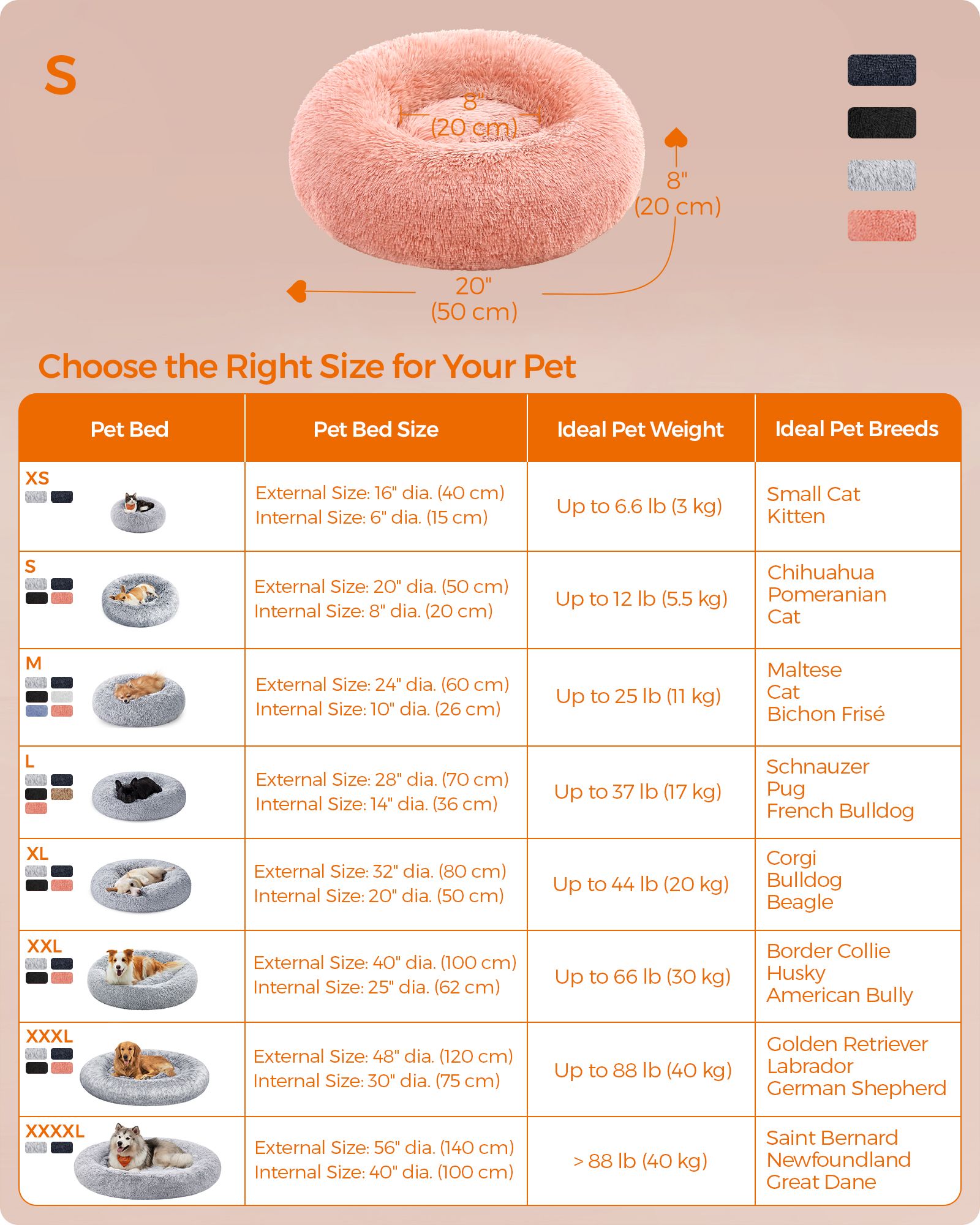 Fluffy Dog Bed – Plush – Pink – 50 cm Wide with Removable Cover