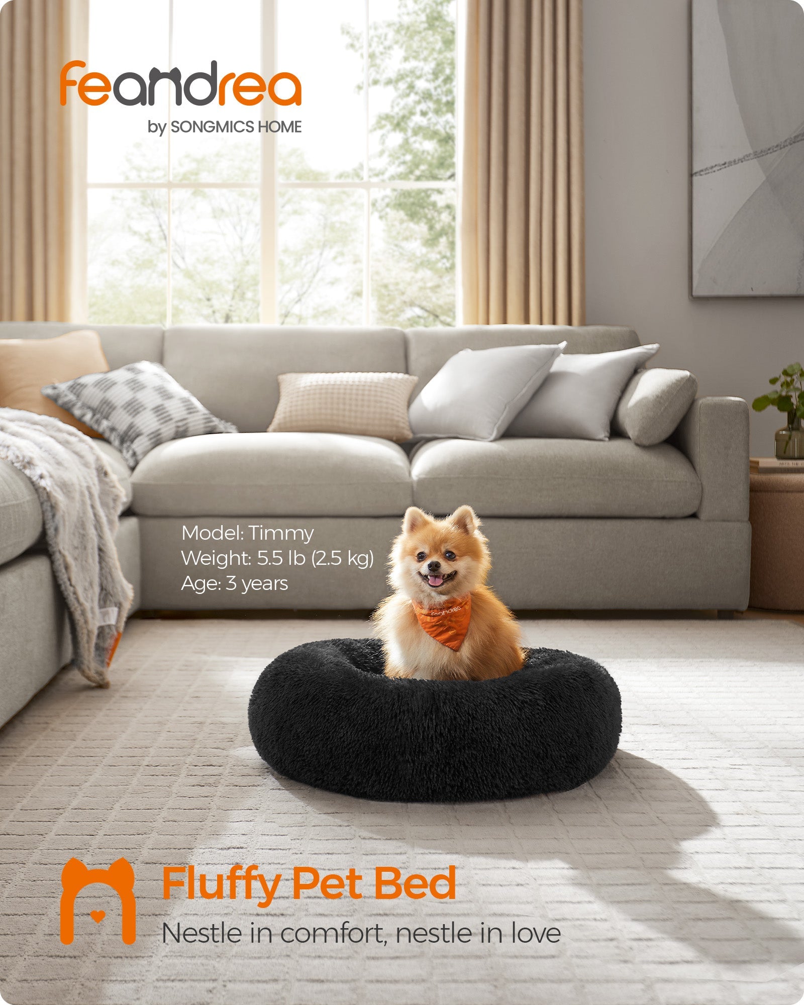 Dog Bed – Plush – Ink Black – 60 cm Diameter, Fluffy Surface