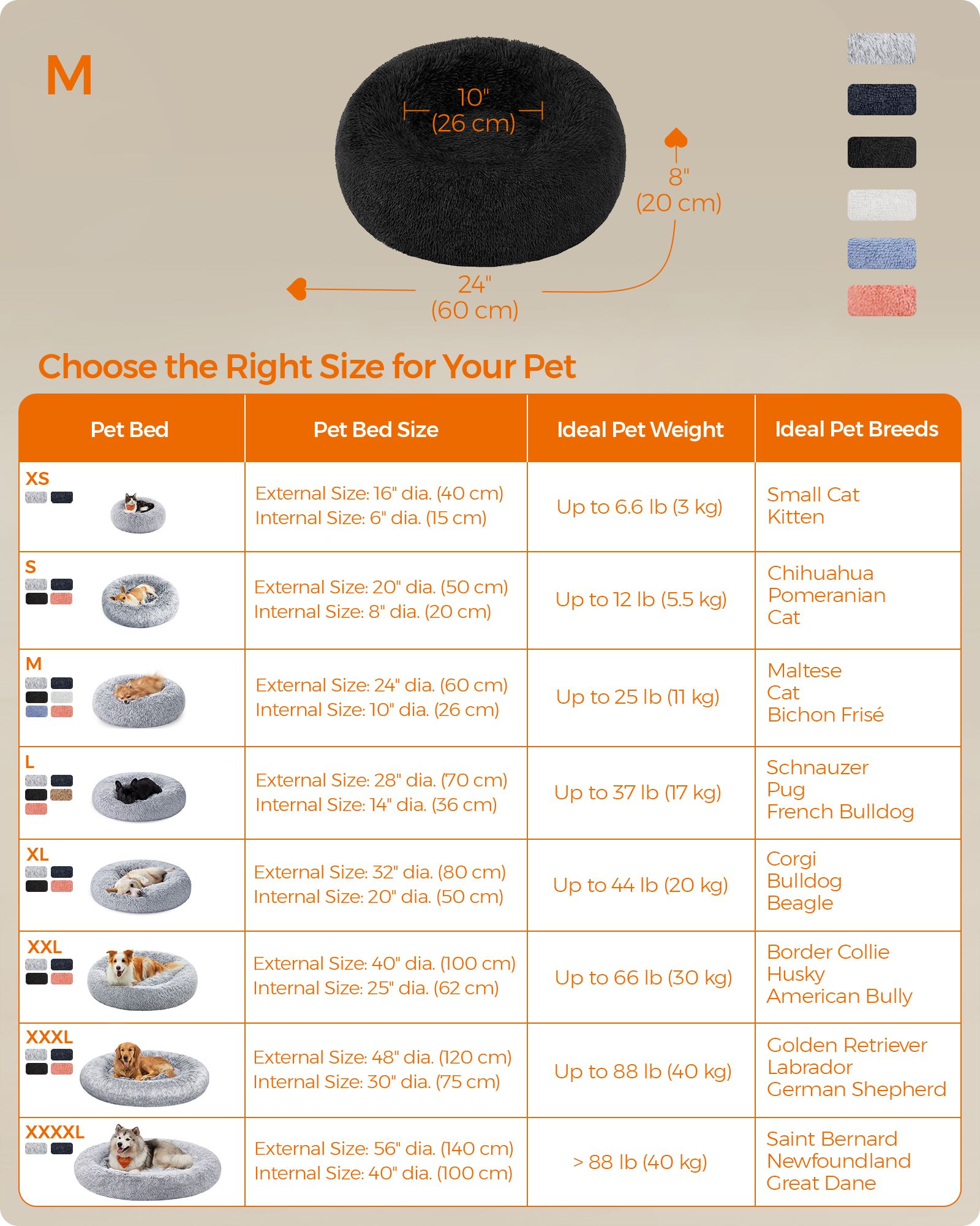Dog Bed – Plush – Ink Black – 60 cm Diameter, Fluffy Surface