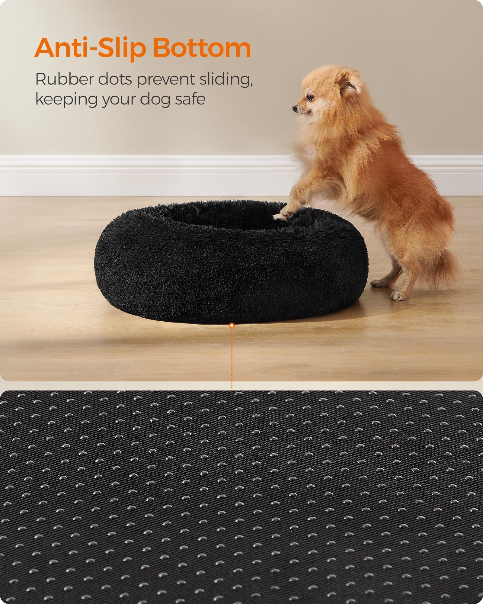 Dog Bed – Plush – Ink Black – 60 cm Diameter, Fluffy Surface