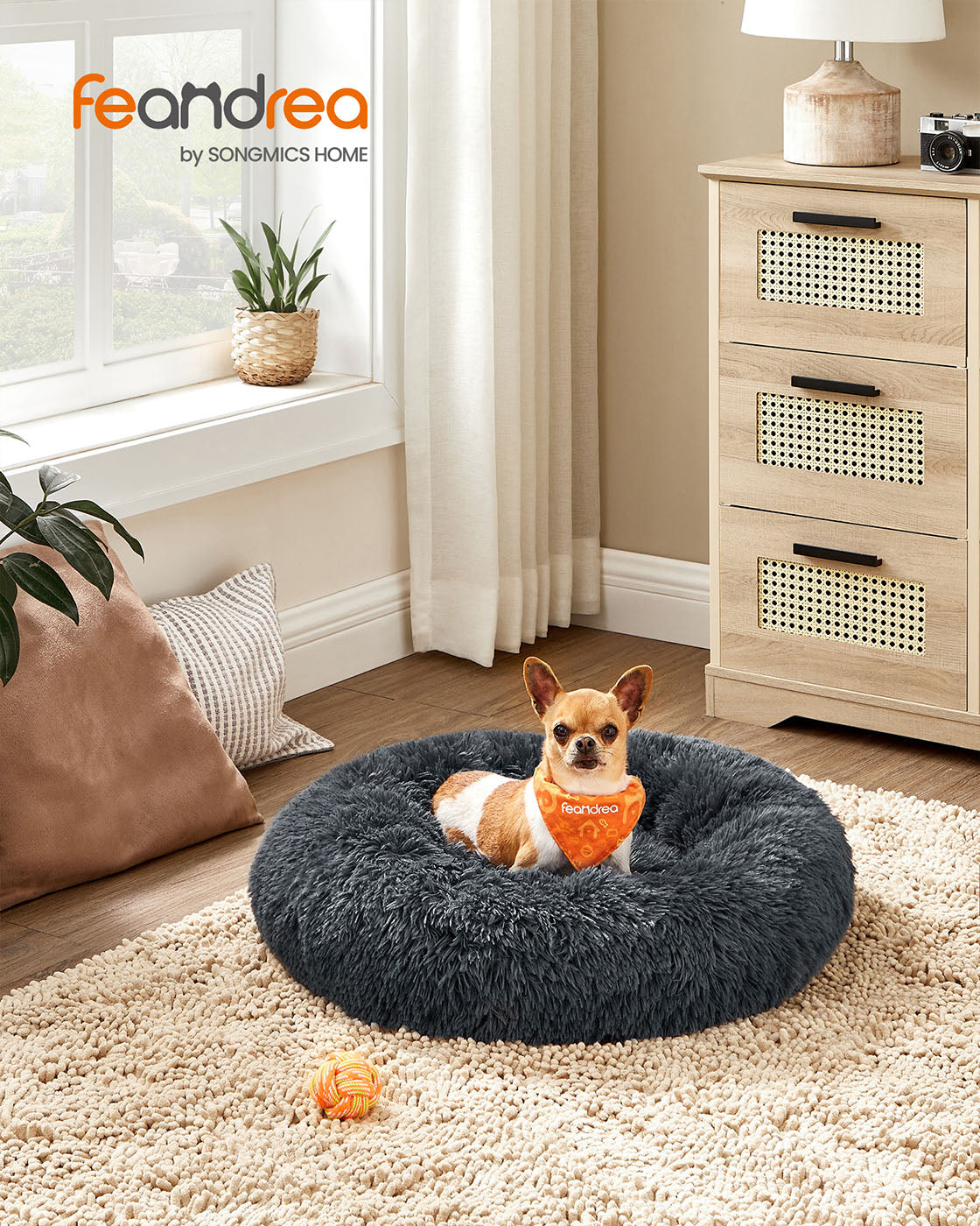 Donut Pet Bed – Plush – Dark Grey – Soft Washable Cover, 60cm