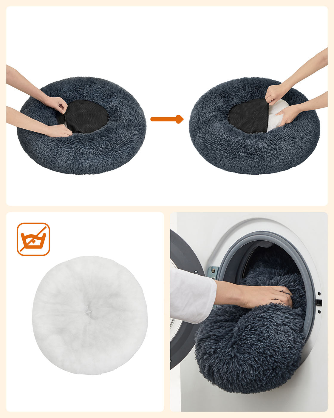 Donut Pet Bed – Plush – Dark Grey – Soft Washable Cover, 60cm