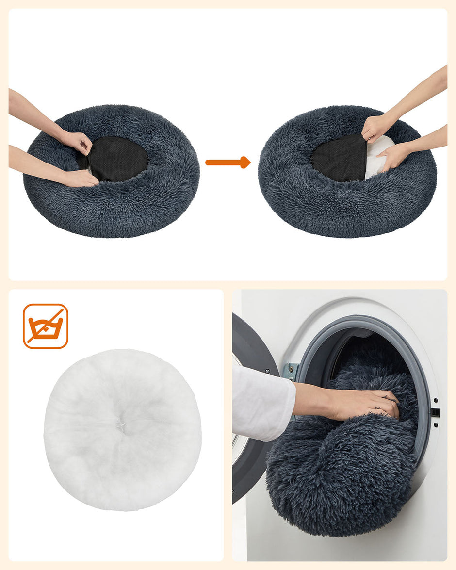 Donut Pet Bed – Plush – Dark Grey – Soft Washable Cover, 60cm