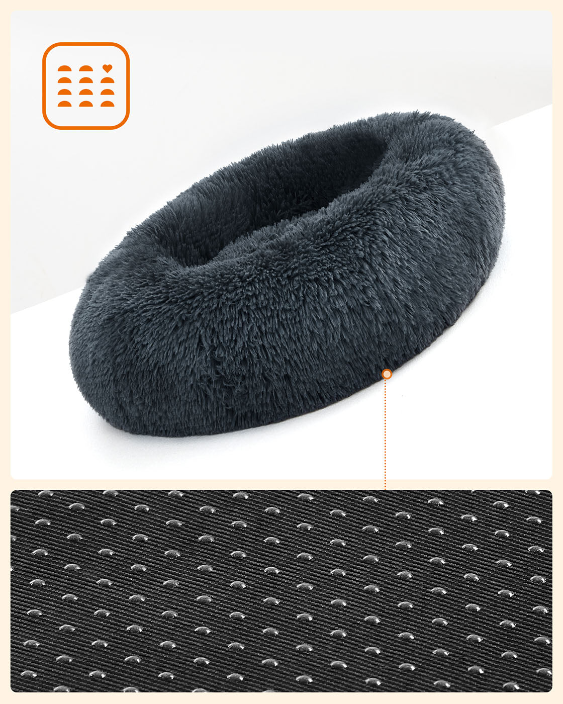 Donut Pet Bed – Plush – Dark Grey – Soft Washable Cover, 60cm