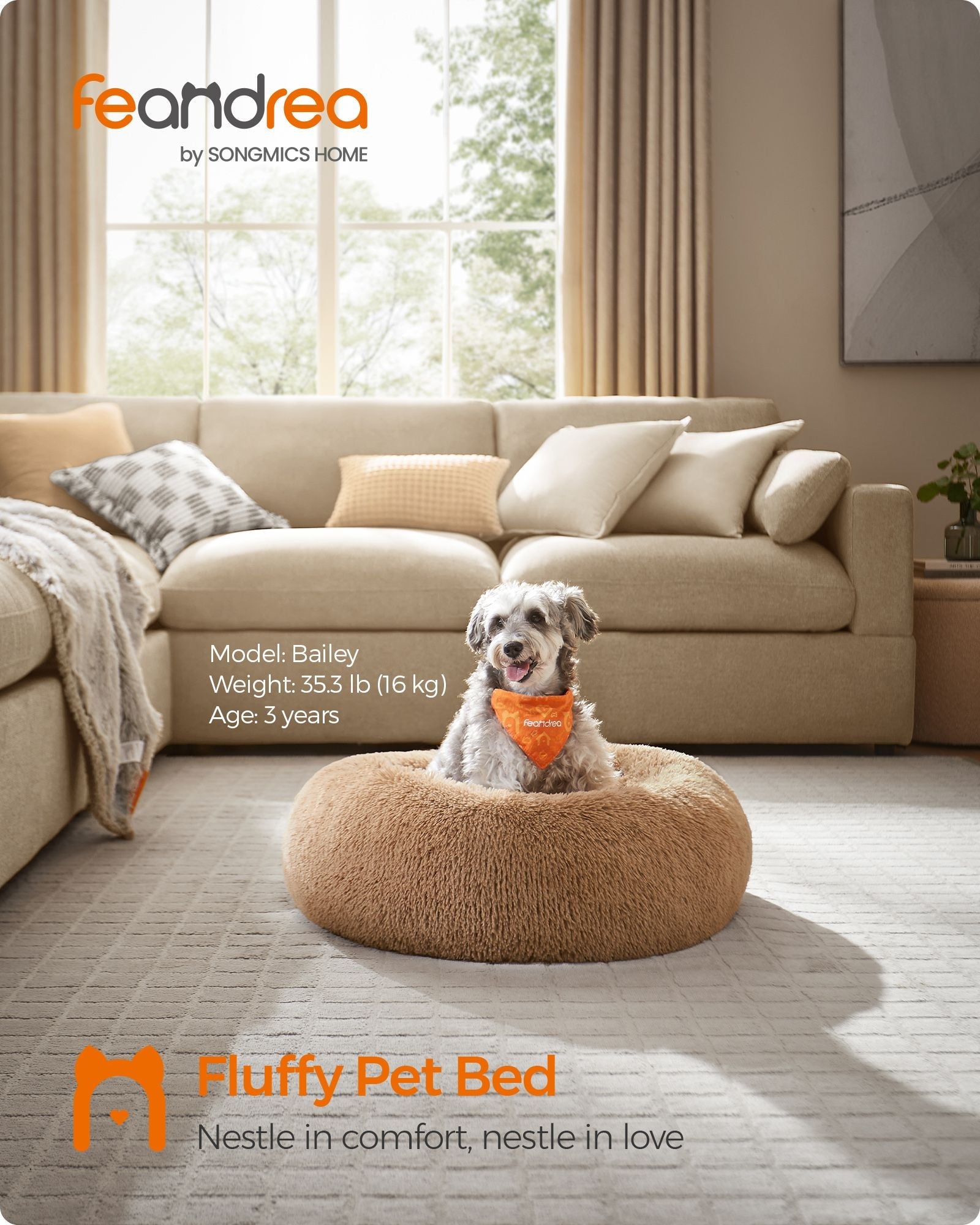 Fluffy Dog Bed – Soft Plush – Camel Brown – 70 cm Diameter