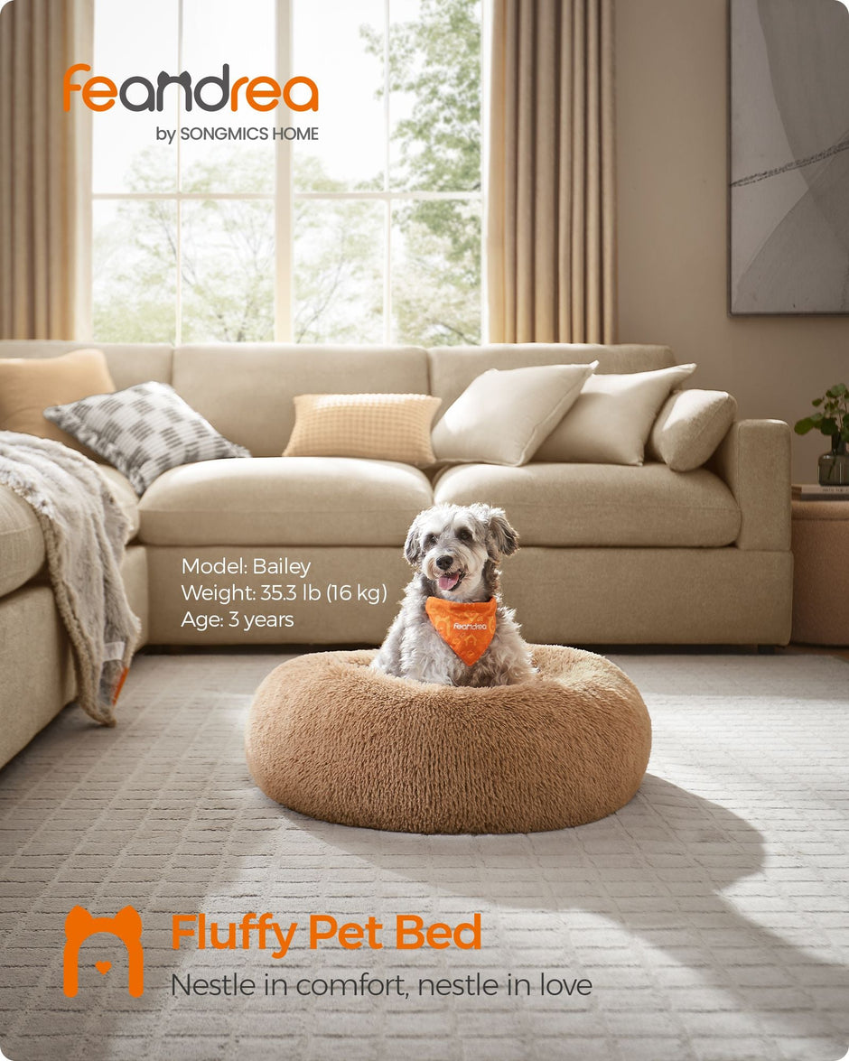 Fluffy Dog Bed – Soft Plush – Camel Brown – 70 cm Diameter